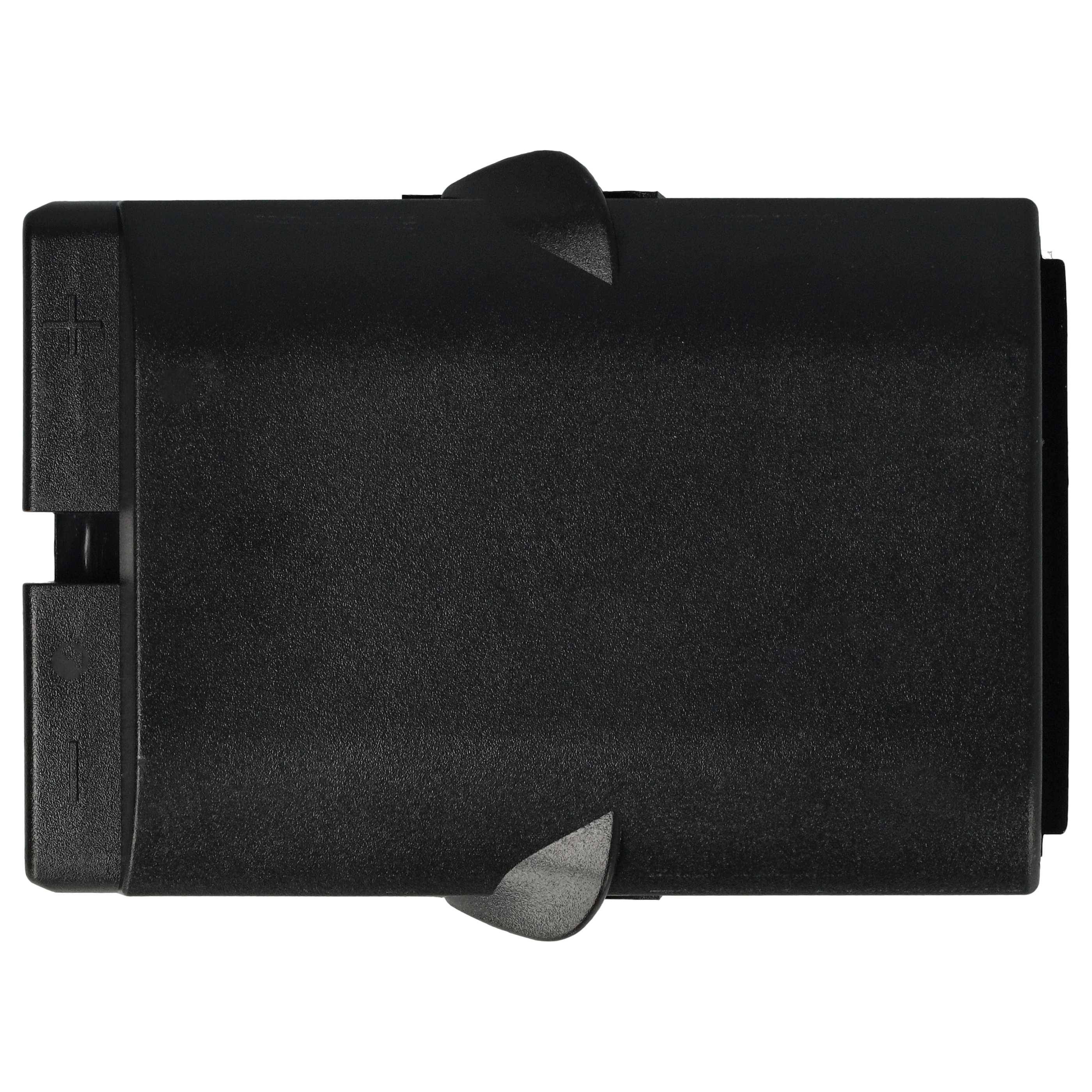 Eine schwarze rechteckige Batterie auf weißem Hintergrund mit kleinen Rillen und Kanten zum sicheren Einsetzen in kompatible elektronische Geräte.