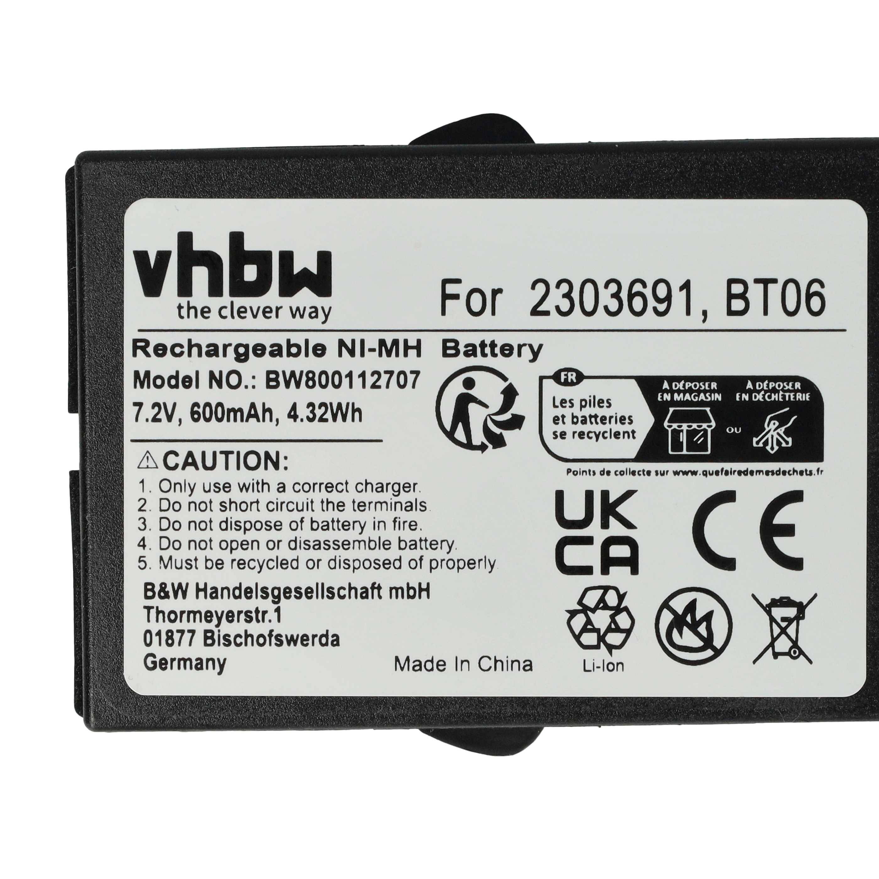 vhbw' Etikett auf wiederaufladbarer Ni-MH Batterie, Modell BWB00112707, 7,2V, 600mAh, 4,32Wh. VORSICHT enthält Bedienungshinweise.