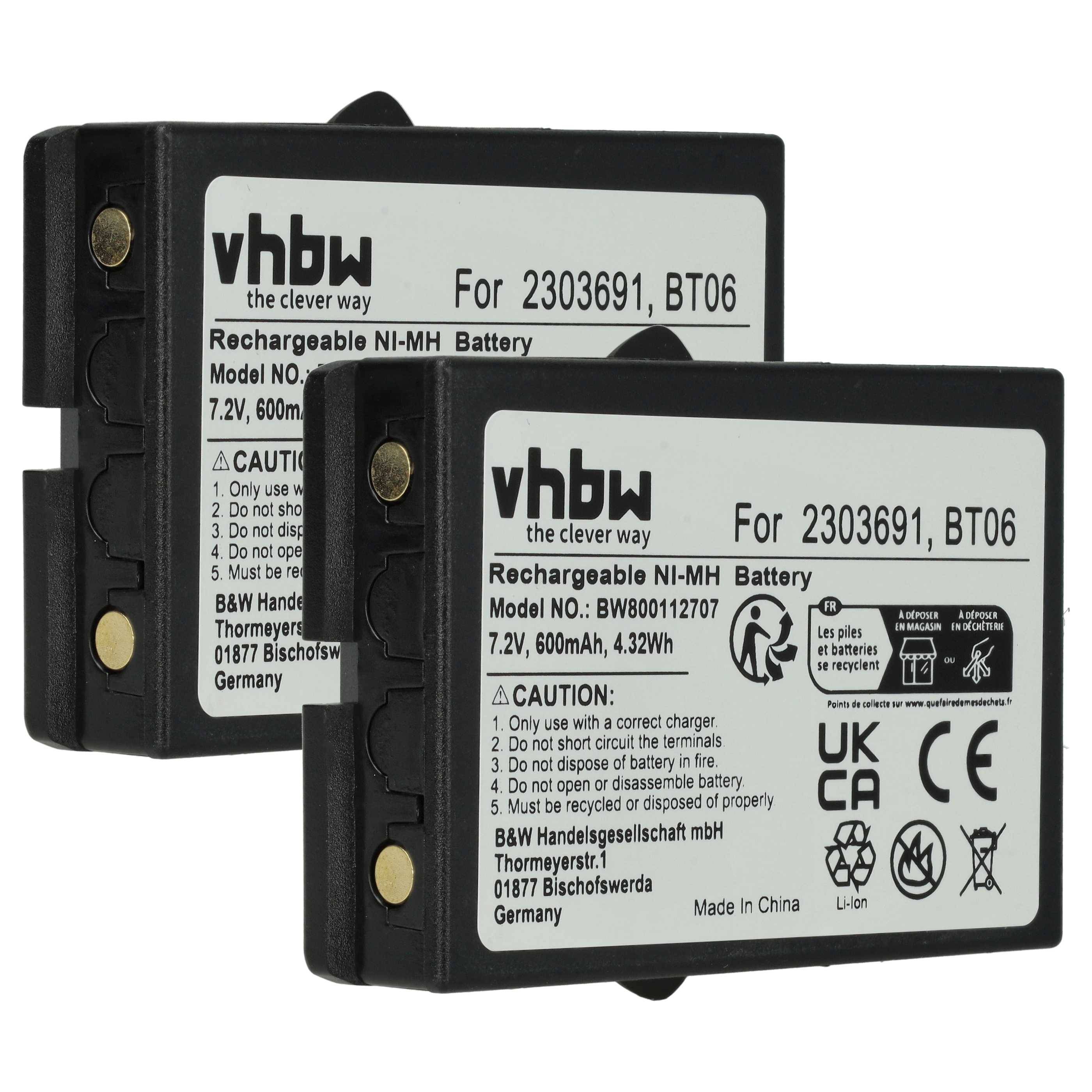 Zwei schwarze wiederaufladbare Ni-MH-Batterien der Marke 'vhbw', 7,2V, 600mAh, 4,32Wh. Etiketten zeigen Modellnummer, Sicherheitssymbole und Text.