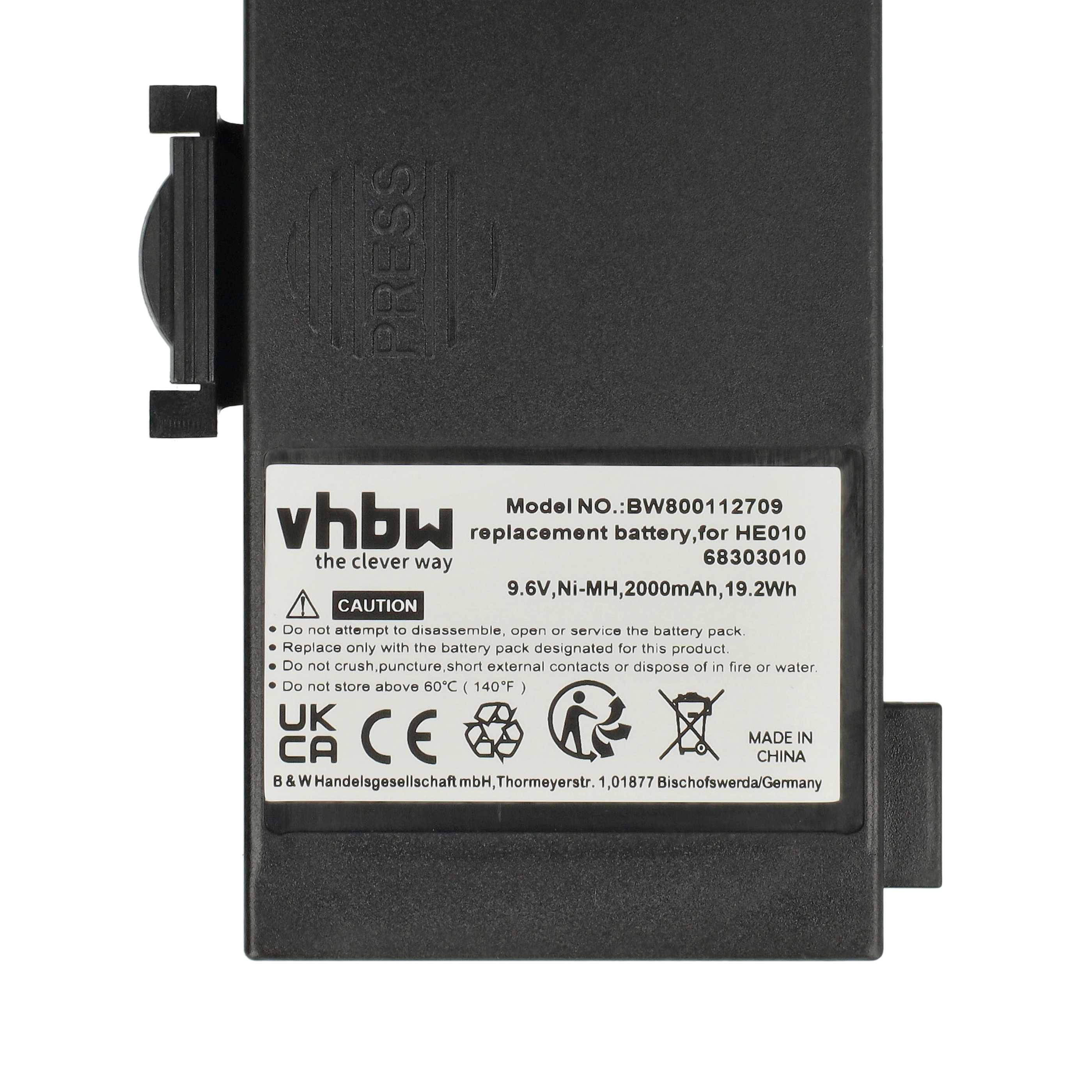 Akku mit Etikett für Modell-Nr.: BW8001120709, 9,6V, Ni-MH, 2000mAh. Ersatz für HE10, mit Sicherheits- und Herstellerinformationen.