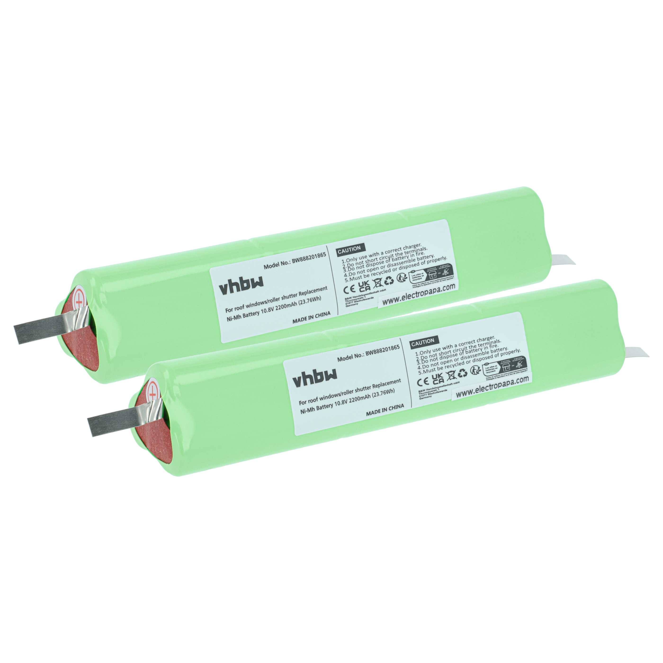 Zwei grüne elektronische Batteriepacks mit der Bezeichnung „vhbw