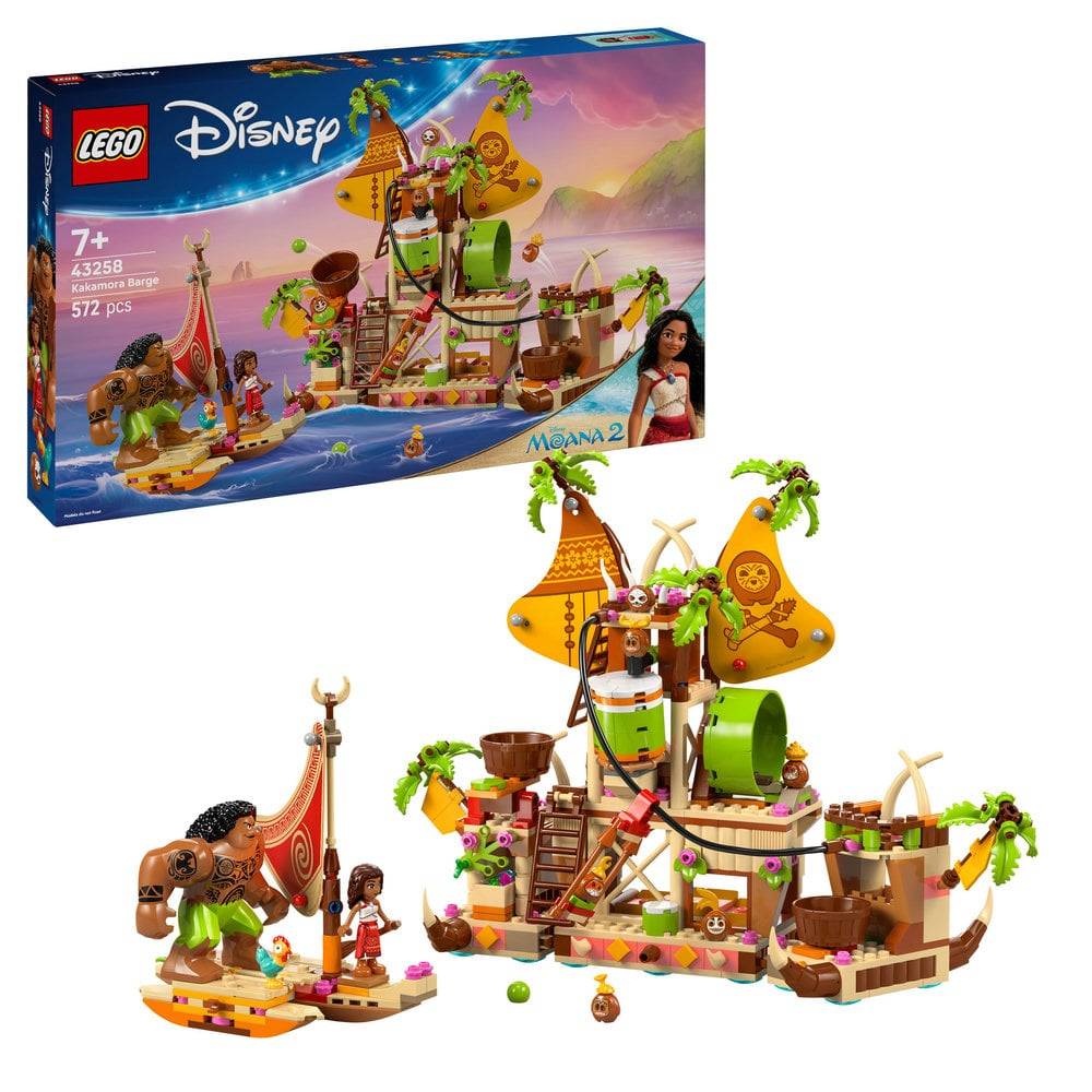 LEGO Disney Moanas Boot-Set mit Figuren und malerischer Kulisse. Schachtel zeigt eine farbenfroh Insel und Ozean, geeignet für Kinder ab 7 Jahren.