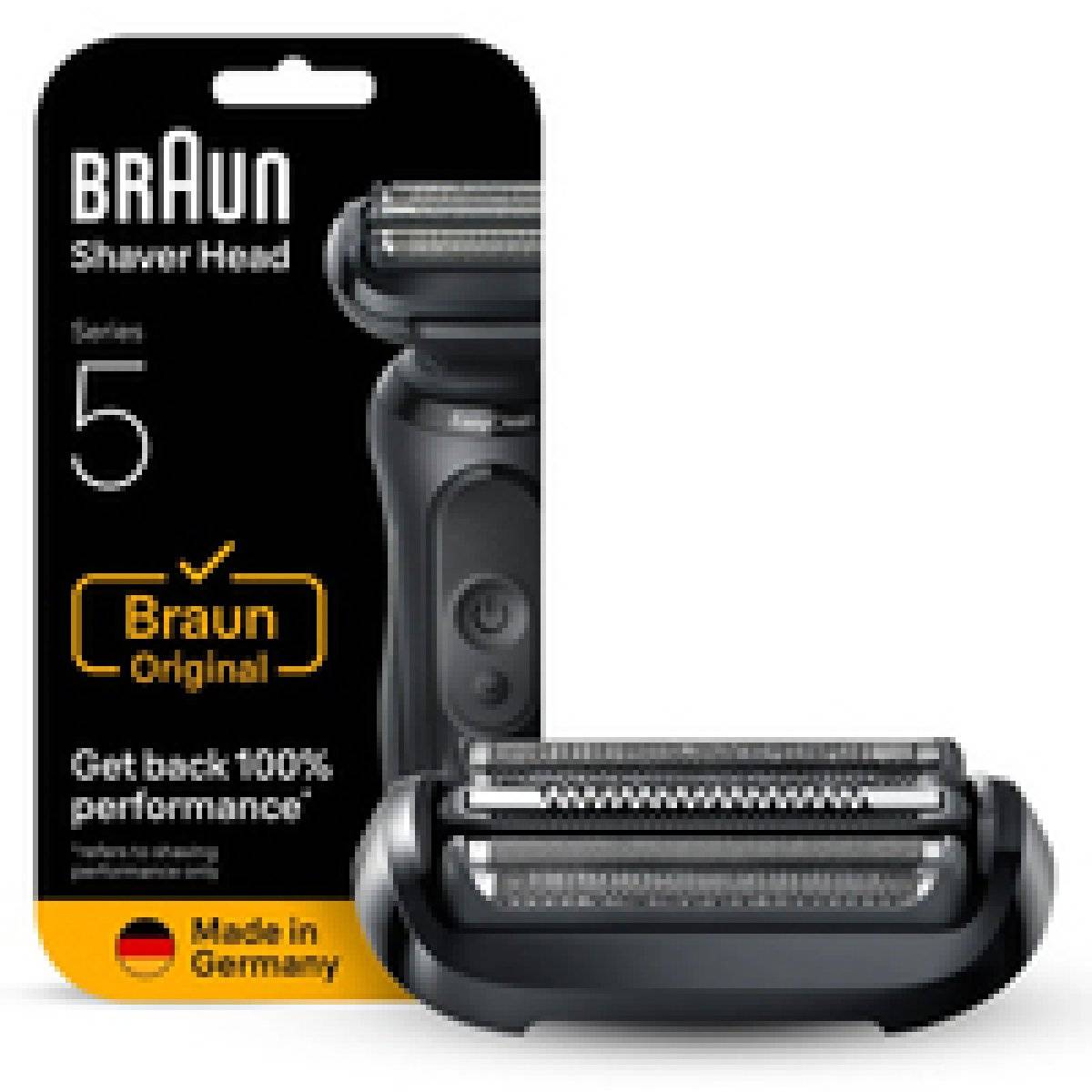 Braun Rasierer Kopfserie 5 mit dem Slogan 'Zurück zu 100% Leistung'. Inklusive deutscher Flagge und 'Made in Germany'.