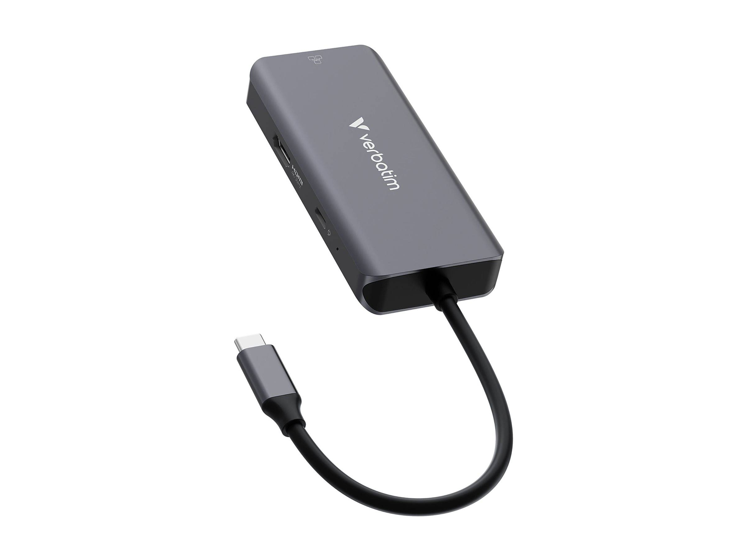 Vention USB-C-Adapter-Hub mit angeschlossenem Kurzsteckkabel und USB-C-Stecker, auf weißem Hintergrund gezeigt.