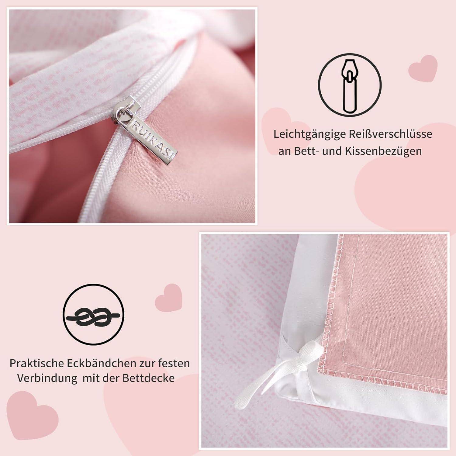 Rosa und weiße Bettwäsche mit Reißverschluss-Verschluss und Eckenband für einen sicheren Halt. Detailansichten zeigen den 'Aurias' Reißverschluss und die Befestigungsecken.