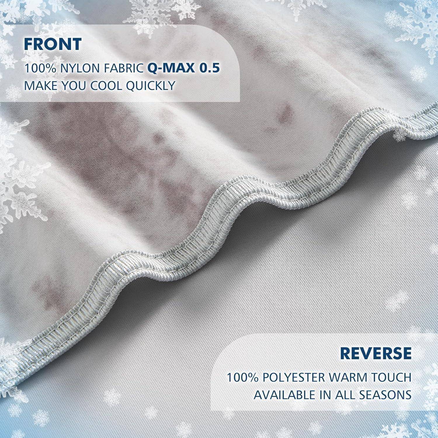 Das Bild zeigt eine Decke mit zwei Seiten. Die Vorderseite ist aus '100% Nylongewebe, Q-Max 0,5, lässt Sie schnell abkühlen.' Die Rückseite ist aus '100% Polyester Warmtouch, ganzjährig erhältlich.' Ein Schneeflocken-Design säumt die Kanten.