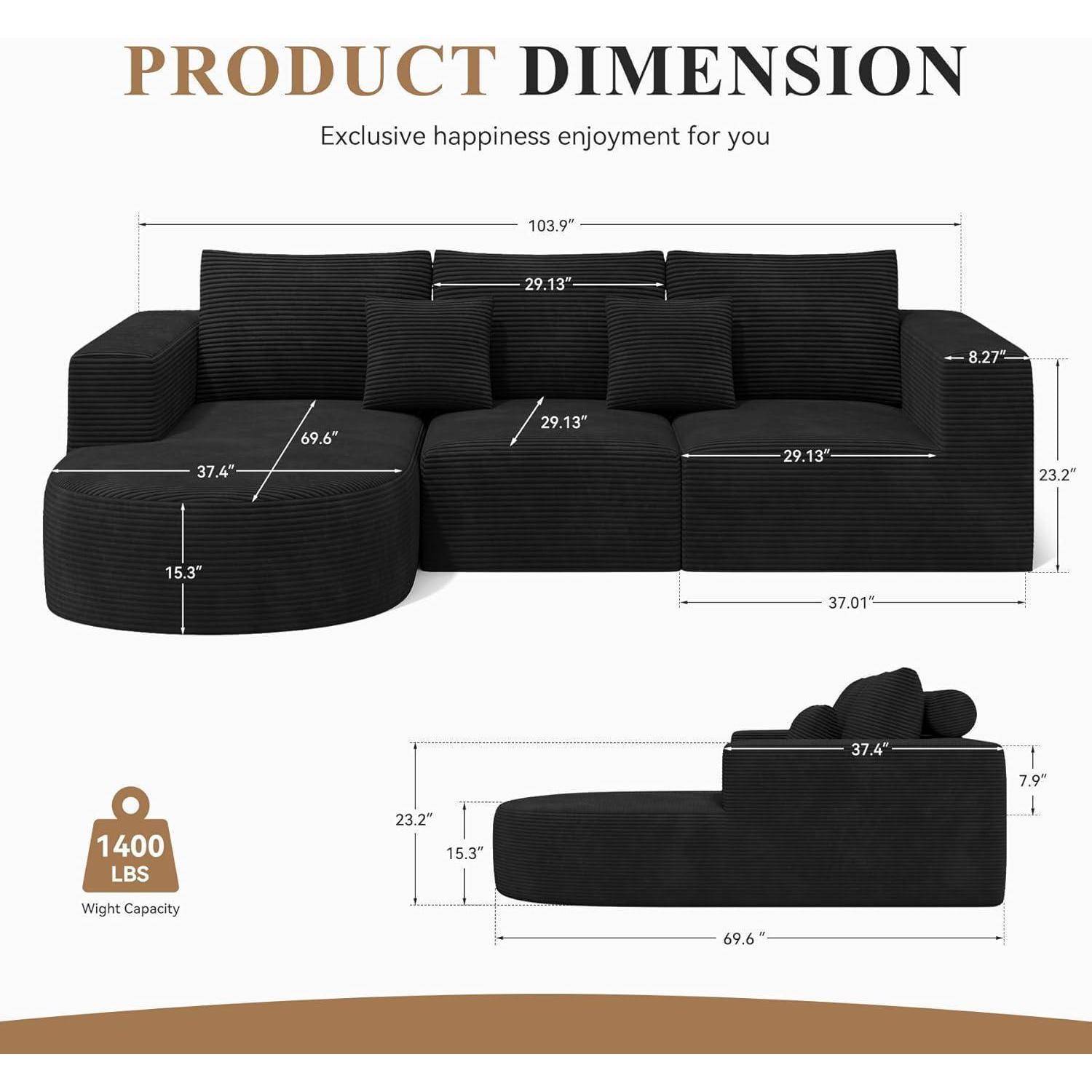 Ein schwarzes Ecksofa mit fünf Kissen wird gezeigt mit den Maßen: 69,6
