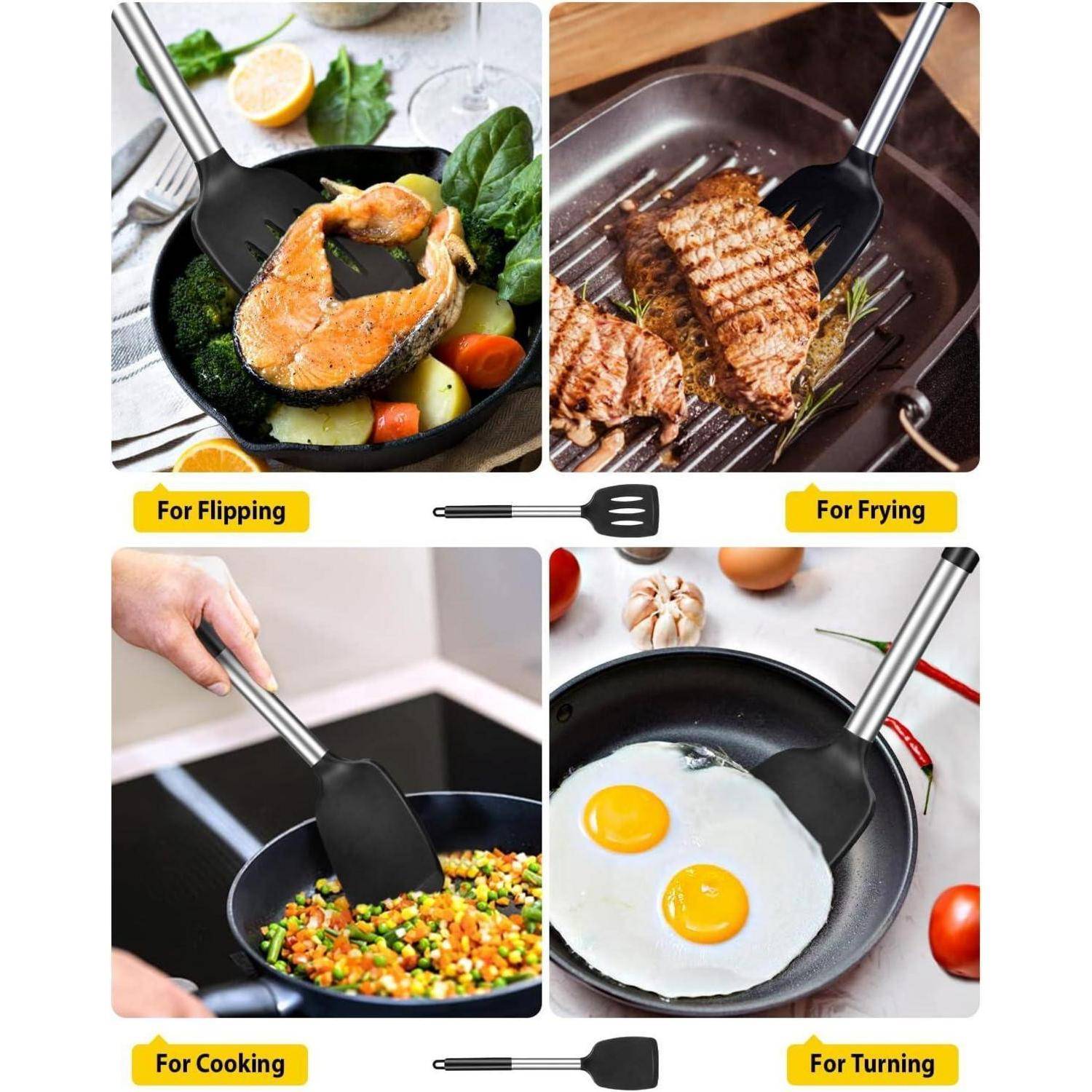 Silikon Pfannenwender Set, Schwarz, Hitzebeständig, BPA-frei
