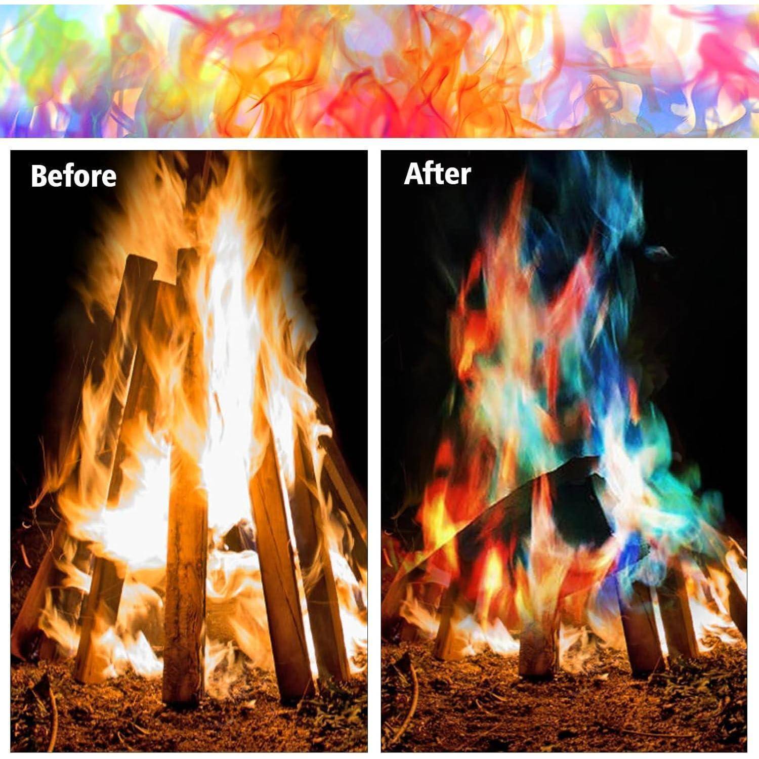 Bilder von ‚Vorher und Nachher' zeigen einen Vergleich der Flammenfarben: traditionelle orangefarbene Flammen auf der linken Seite und lebendige, mehrfarbige Flammen auf der rechten Seite.