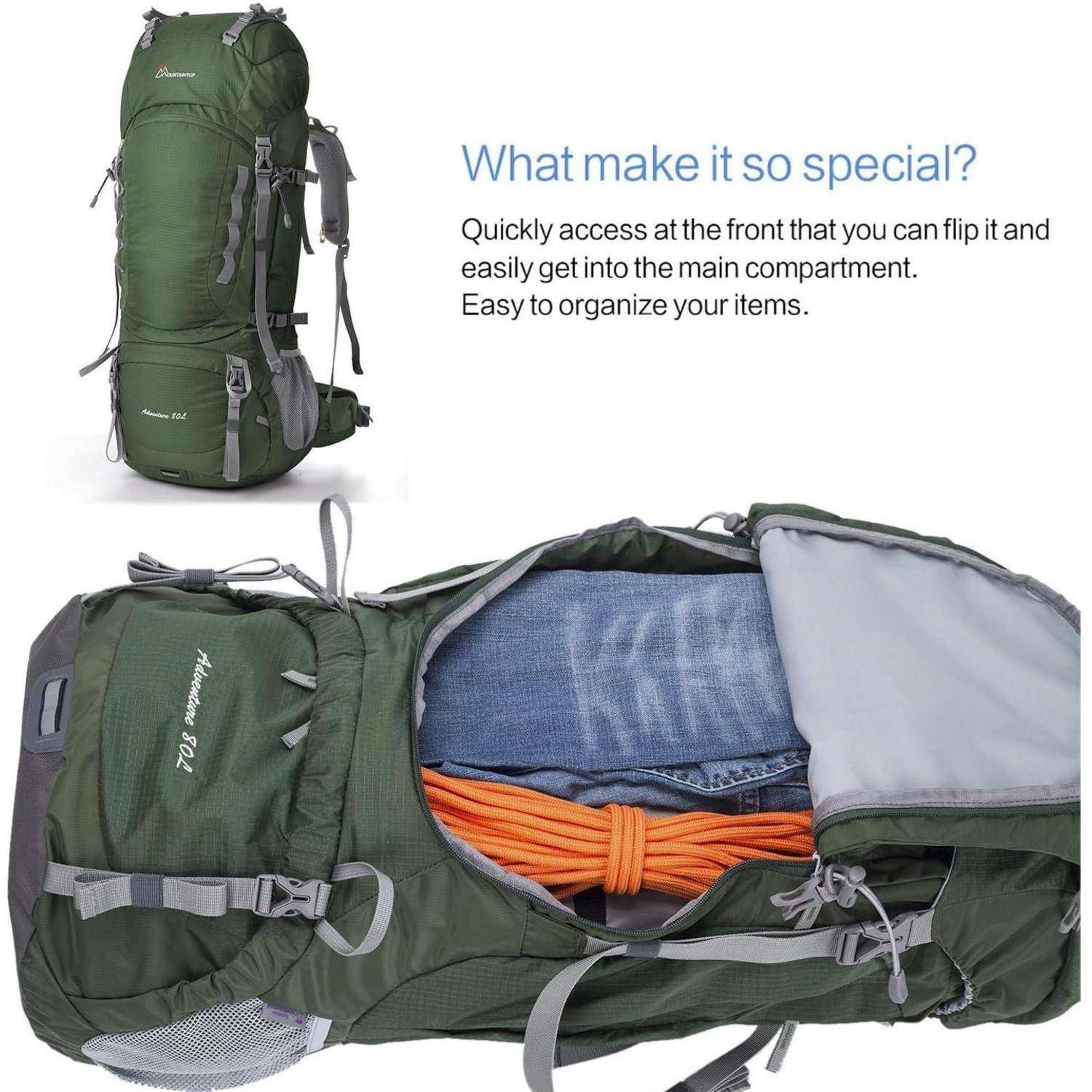 Ein grüner Rucksack mit mehreren Fächern, aufrecht und geöffnet dargestellt. Der Text hebt die leichte Zugänglichkeit zum Hauptfach hervor.