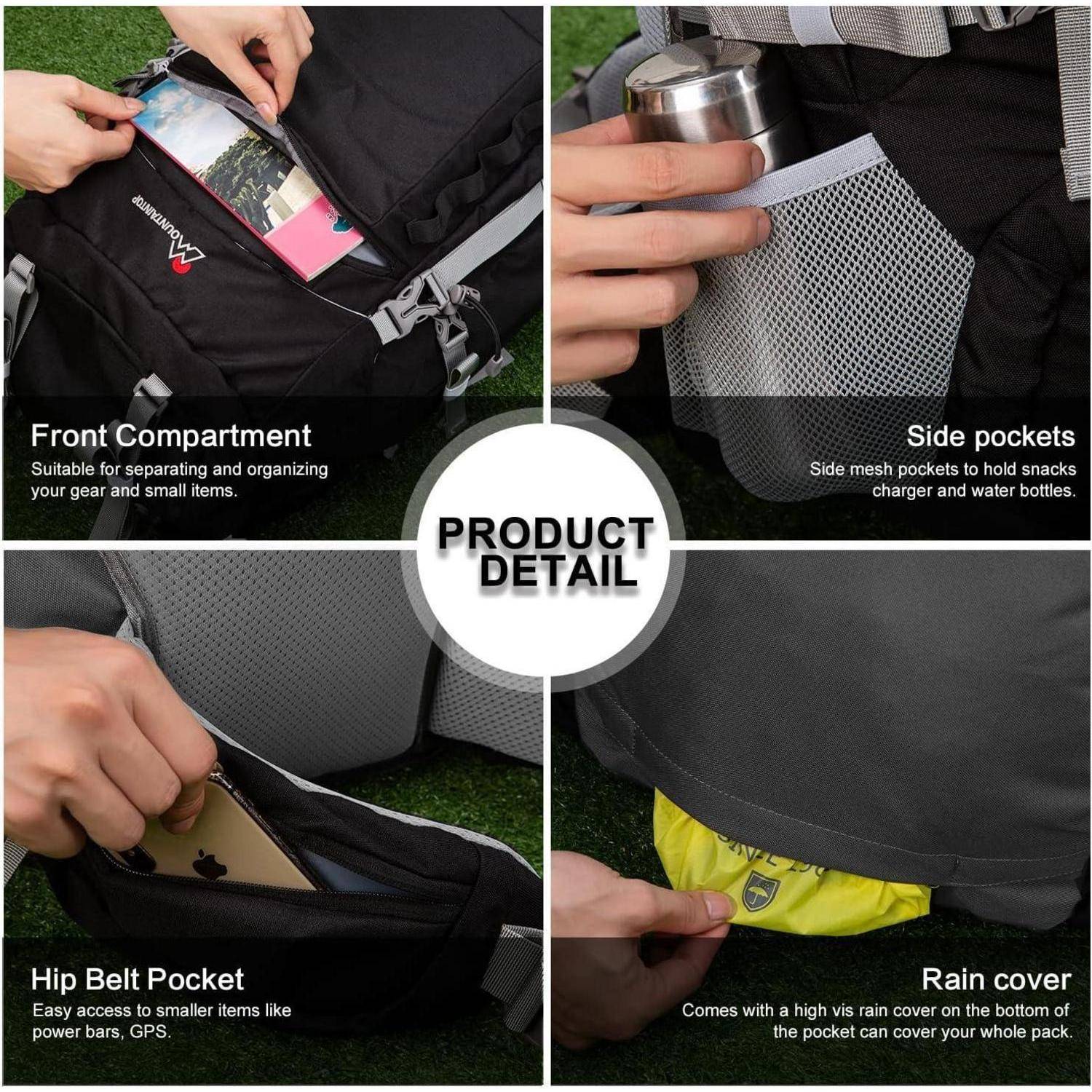 Ein Rucksack mit verschiedenen Fächern und Funktionen: Frontfach zur Organisation, Seitentaschen für Snacks/Wasser, Hüftgurtasche für den Zugriff auf kleinere Gegenstände und eine Regenschutzhülle.