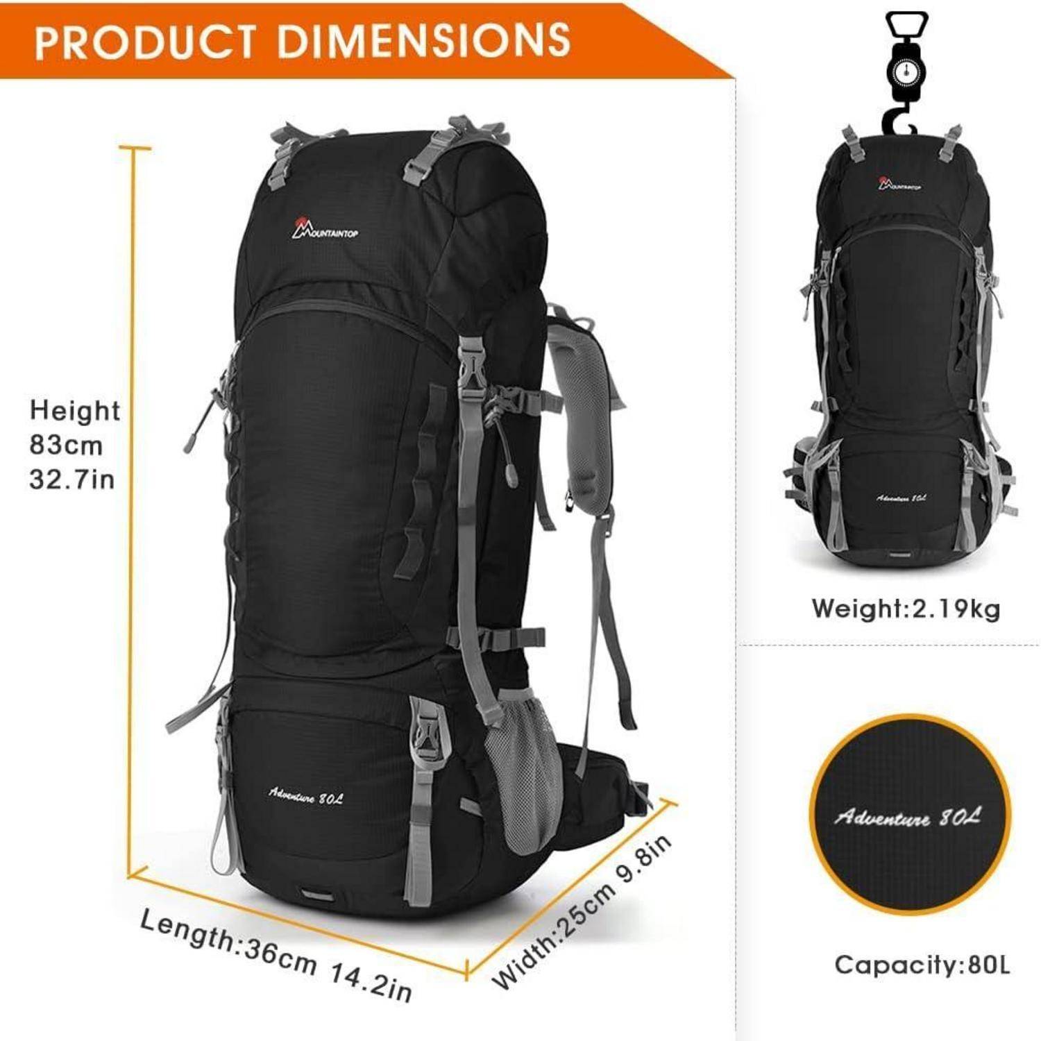 Schwarzer Rucksack mit der Aufschrift 'Adventure 80L' mit den Abmessungen: Höhe 83 cm, Länge 36 cm, Breite 25 cm, Gewicht 2,19 kg, Volumen 80 Liter.