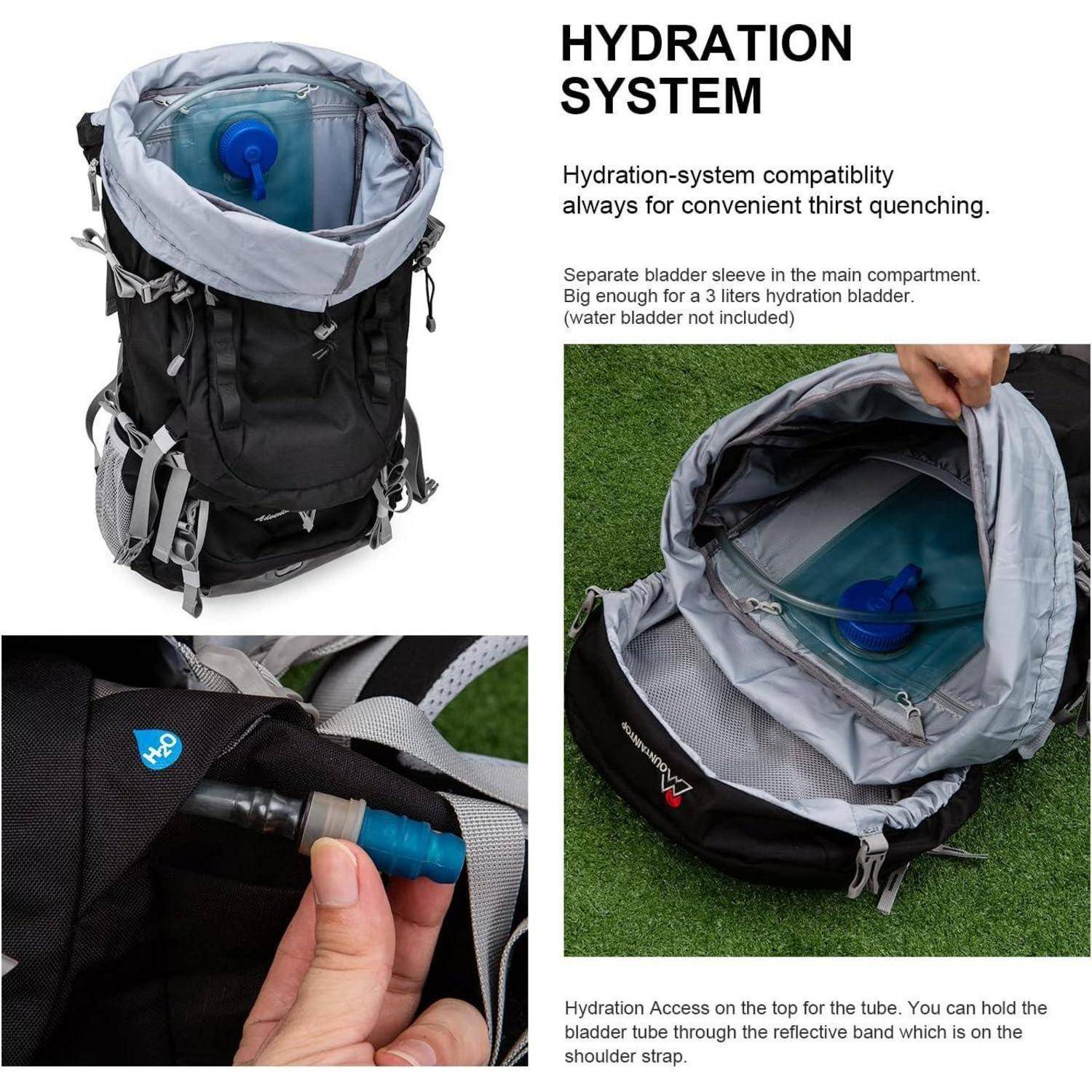 Rucksack mit Hydrationssystem. Verfügt über ein Fach für einen 3-Liter-Wasserbeutel (nicht im Lieferumfang enthalten). Inklusive eines Schlauchs mit Ausguss für einfachen Zugang.