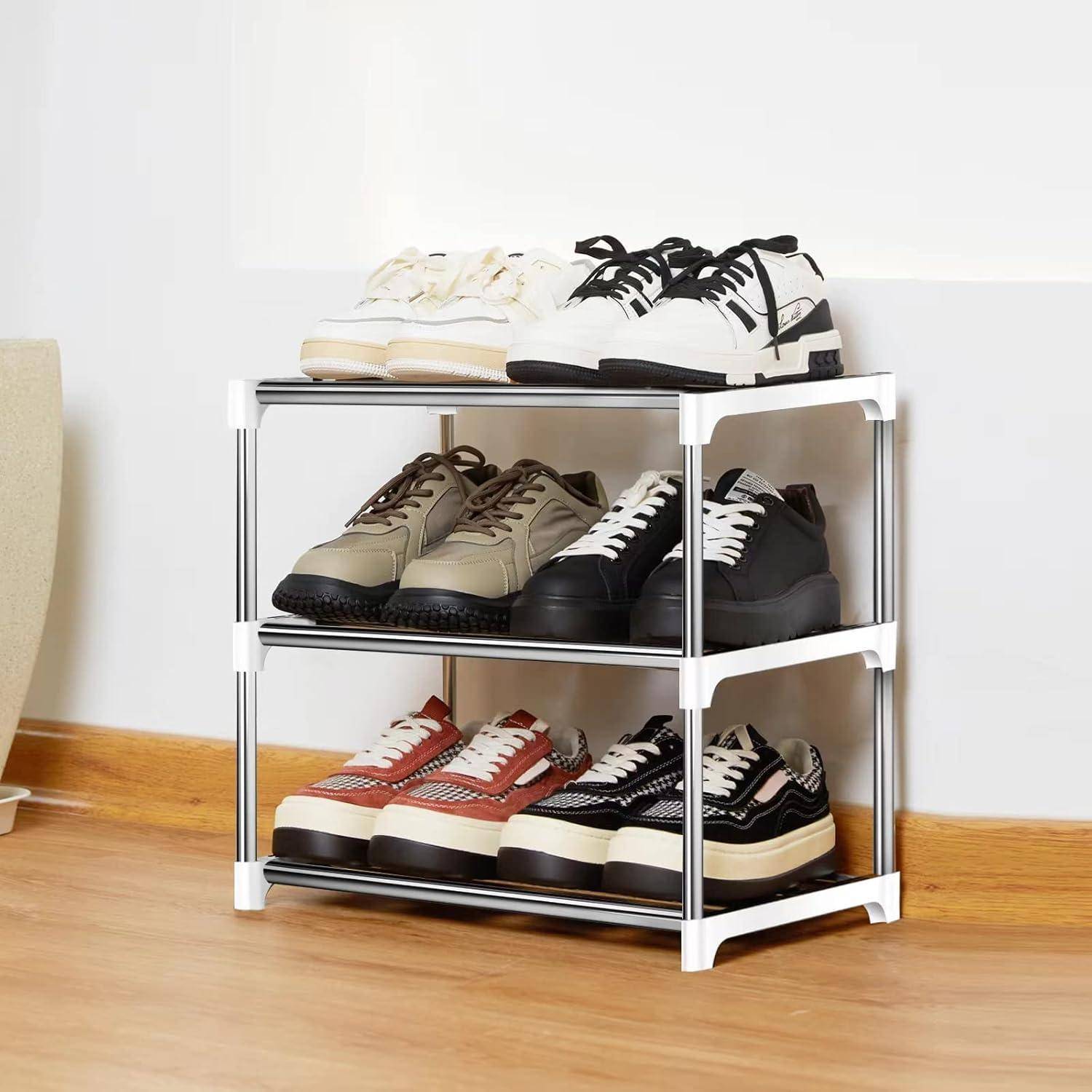 Schuhregal 3 Ebenen Weiß Metall Stapelbar Fußwarenaufbewahrung
