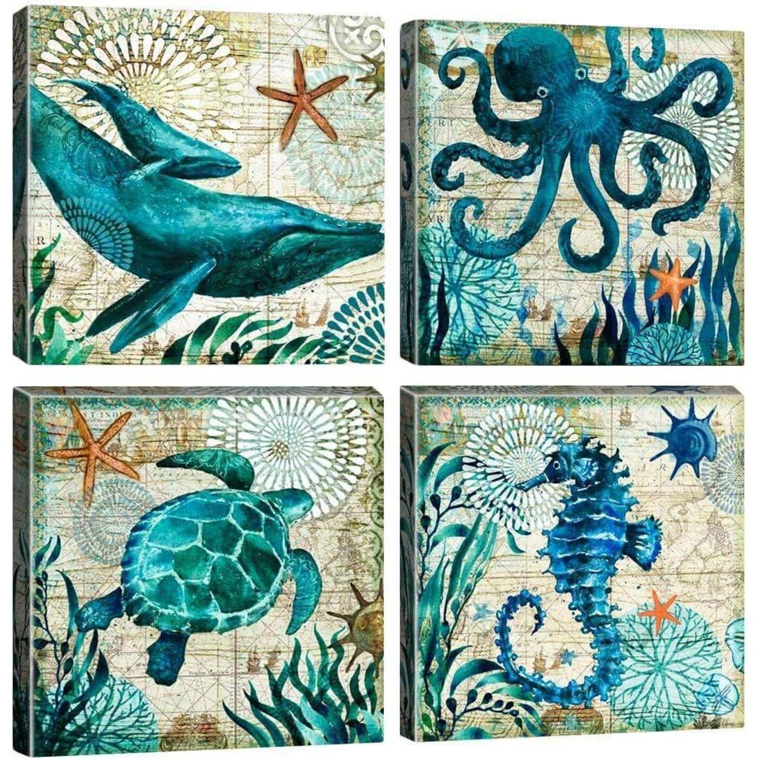 4-teiliges Leinwandbild Blauer Ozean Kreatur Motiv - Moderne