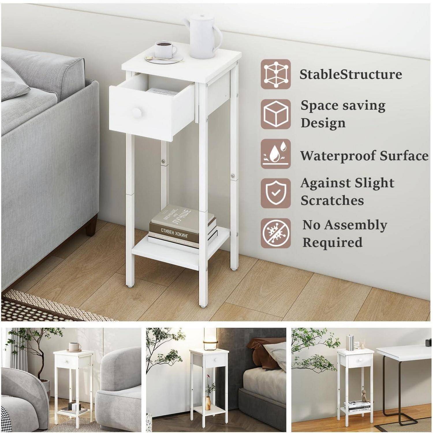 2er Set Nachttisch Schmal Hoch Beistelltisch mit Schublade