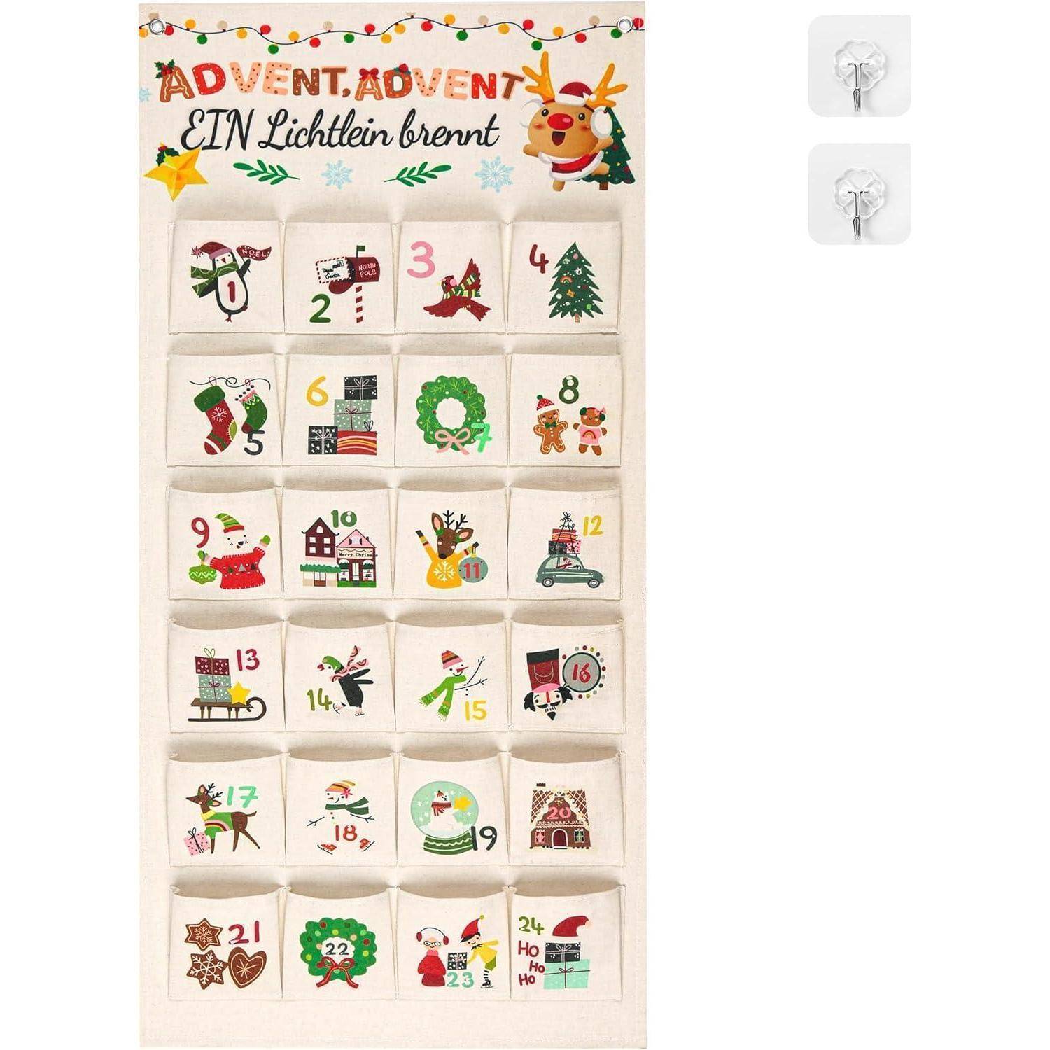 Adventskalender mit 24 nummerierten Taschen, jede mit festlichen Illustrationen wie Weihnachtsmann, Rentieren, Bäumen und Geschenken, auf einem beigen Hintergrund.