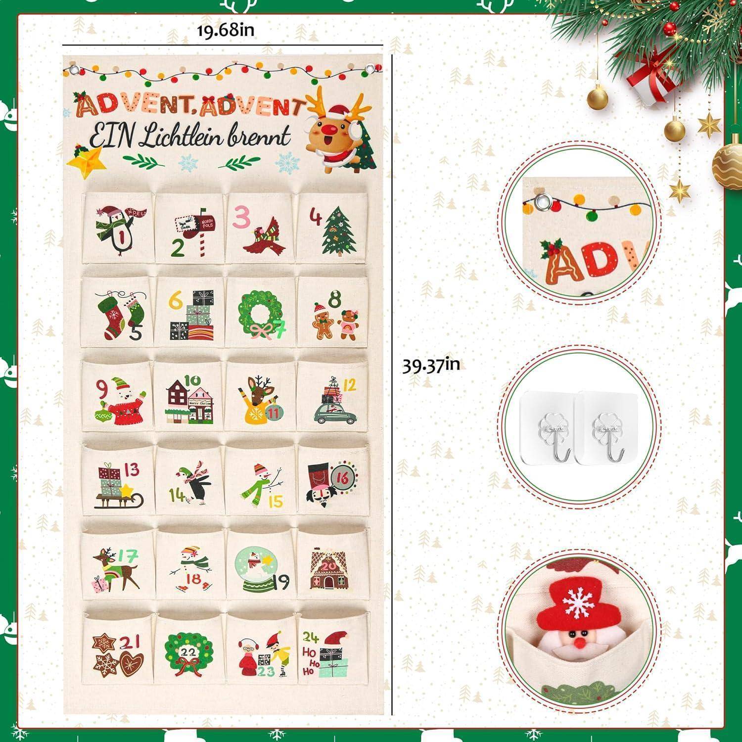 Ein Stoff-Adventskalender mit 24 nummerierten Taschen, verziert mit festlichen Motiven. Enthält kleine Anhänger und festliche Dekorationsakzente.