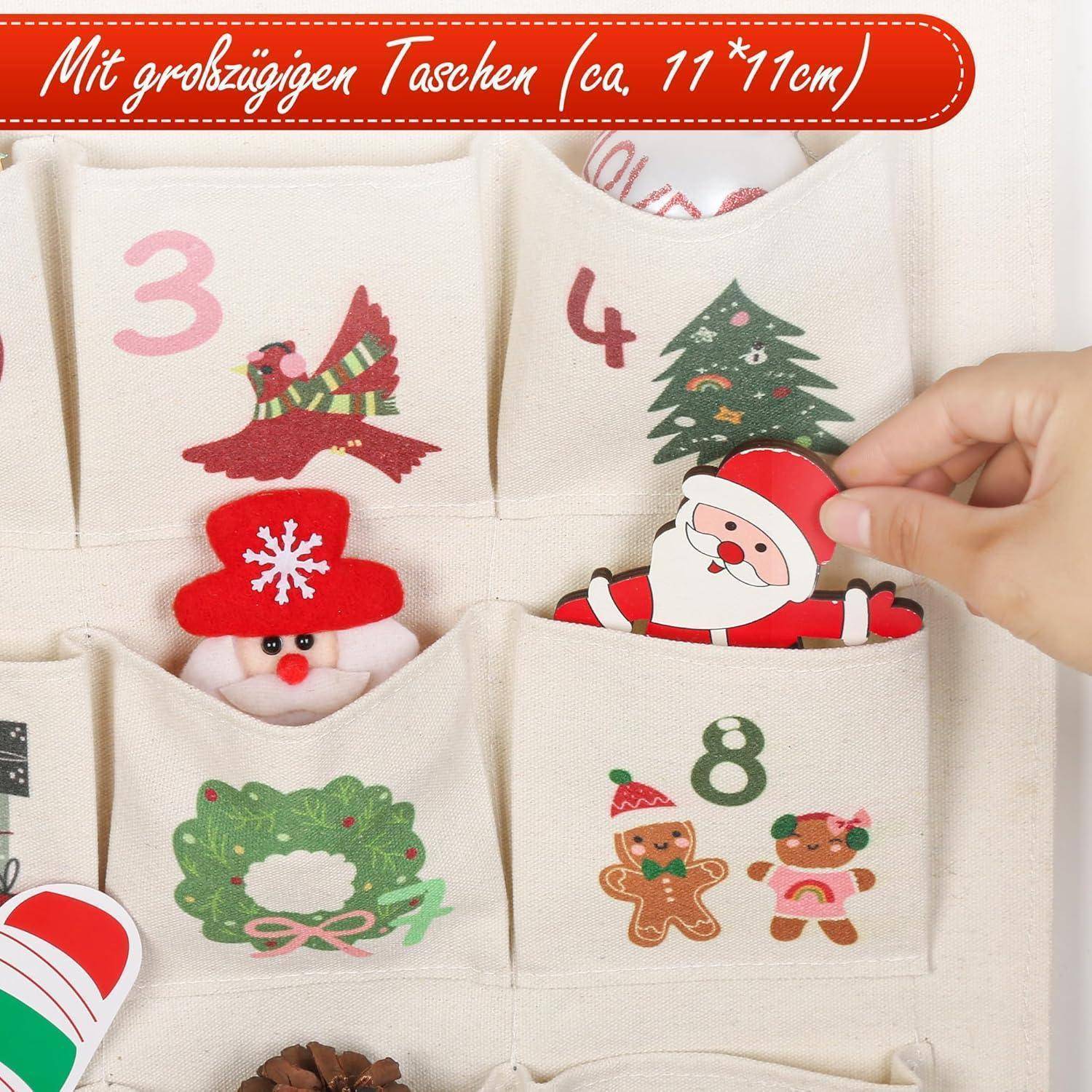 Gefilzter Adventskalender mit nummerierten Taschen, wobei jede festliche Designs wie Weihnachtsmann, Rentiere und Lebkuchen zeigt. Eine Hand platziert den Weihnachtsmann in einer Tasche.
