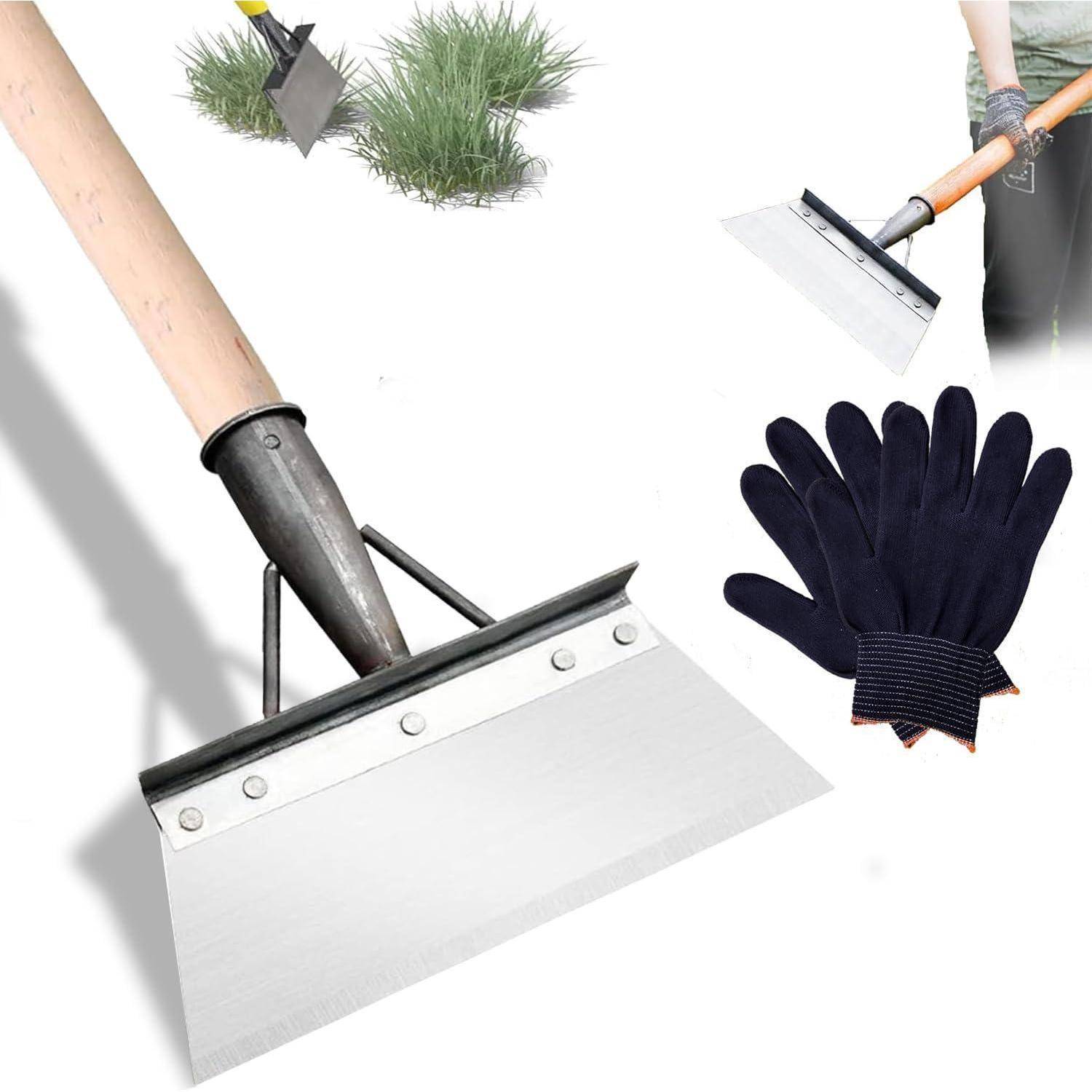 Eine Gartenhacke, abgenutzte Handschuhe und eine Person, die eine Hacke verwendet, um Grassoden zu entfernen, zeigt Gartengeräte und deren Anwendung.