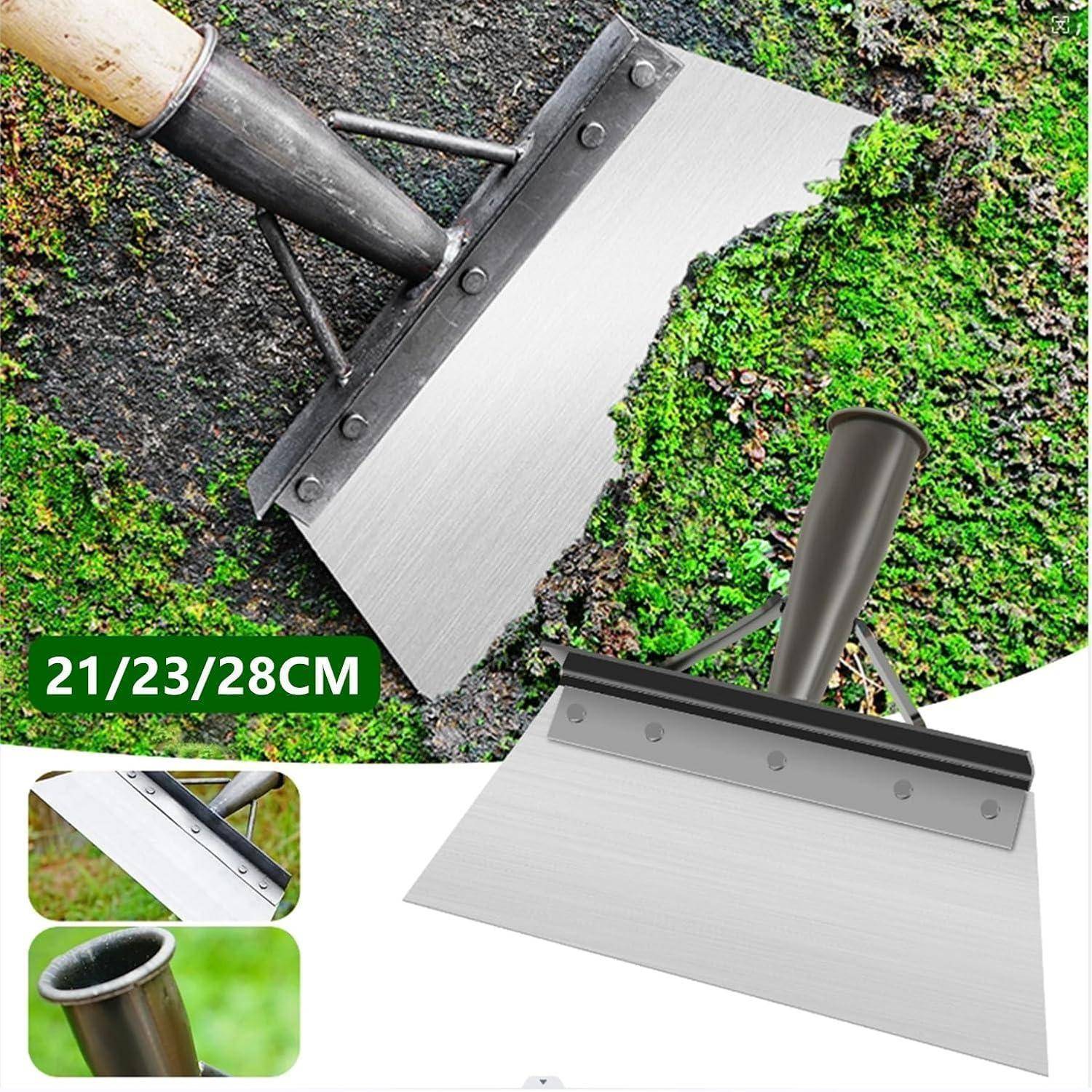Ein Gartenschaber-Werkzeug mit einer Metallklinge wird auf moosbedecktem Boden präsentiert. Eingesetzte Bilder zeigen Detailaufnahmen des Griffs und der Klinge. Text liest sich '21/23/28CM'.