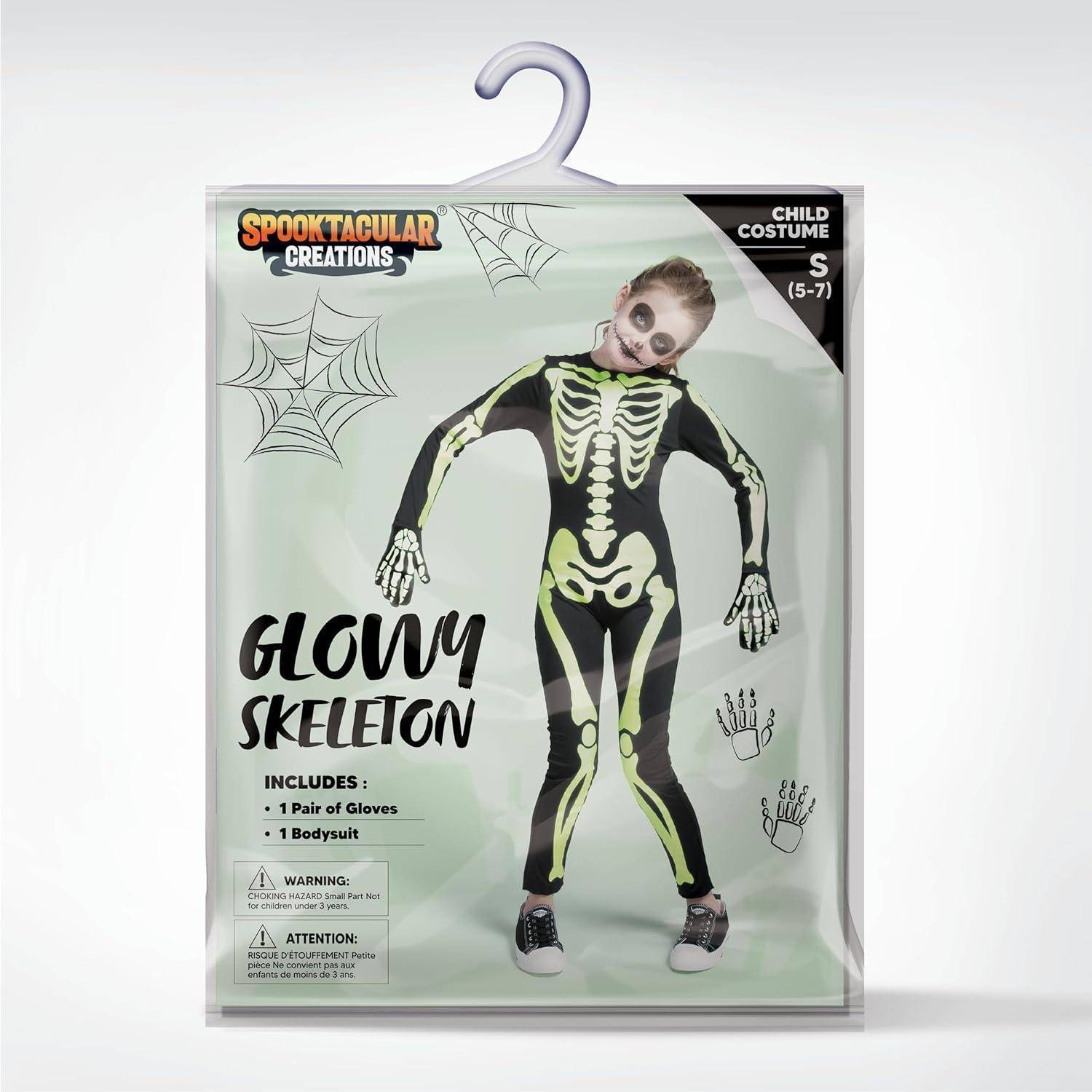Leuchtendes Skelett-Kostüm für Kinder im Alter von 5-7 Jahren, enthält einen Ganzkörperanzug und Handschuhe. Die Verpackung zeigt ein lächelndes Kind, das das Kostüm trägt.