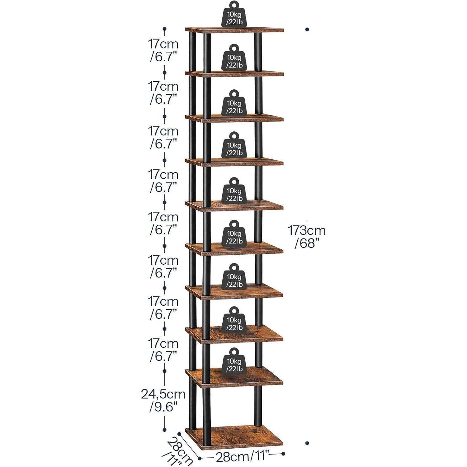 Eckschuhregal 10lagig Dunkelbraun Schwarz Flur 28 x 28 x 173 cm