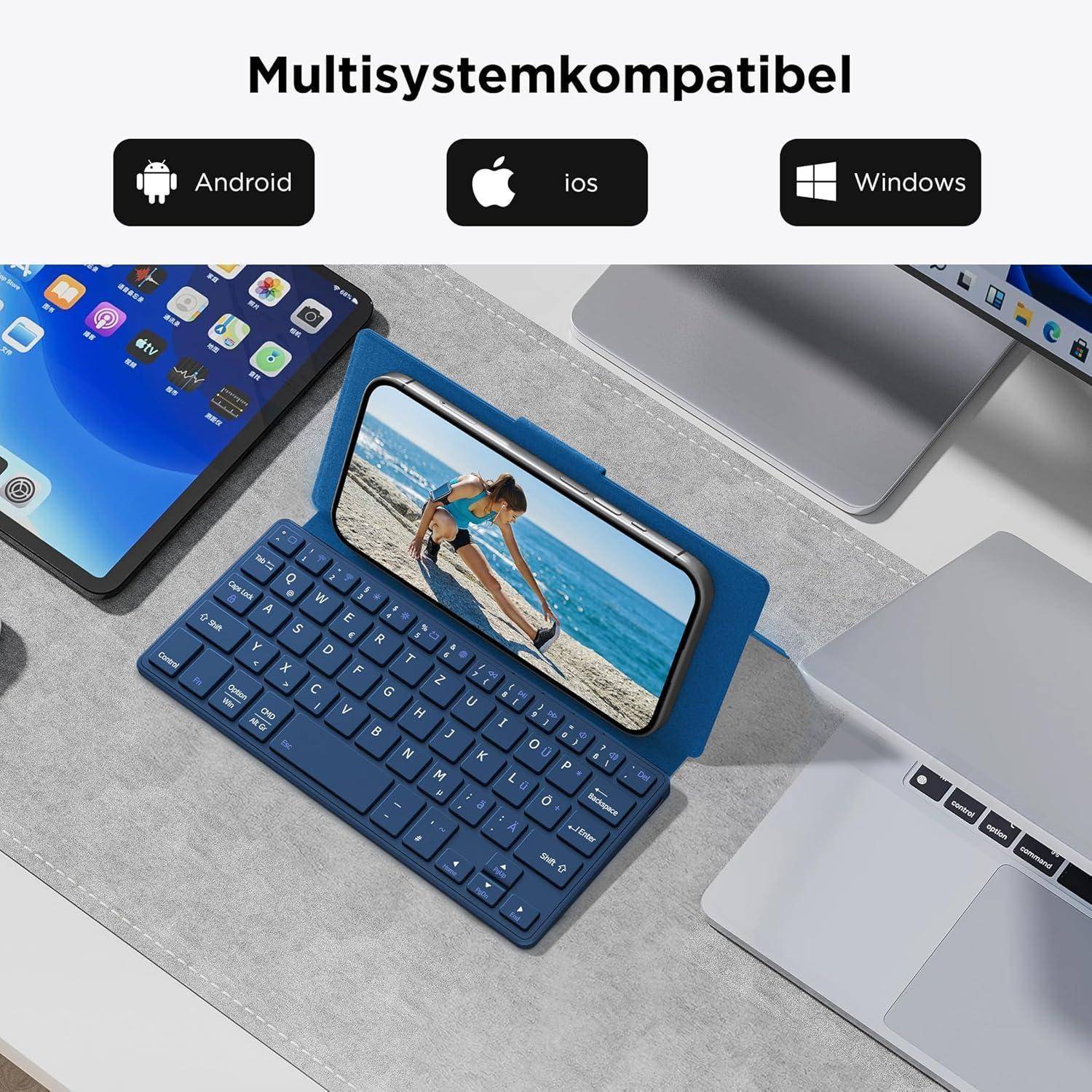 Tastatur Bluetooth Faltbar Ständer Smartphone Dunkelblau Meerblau