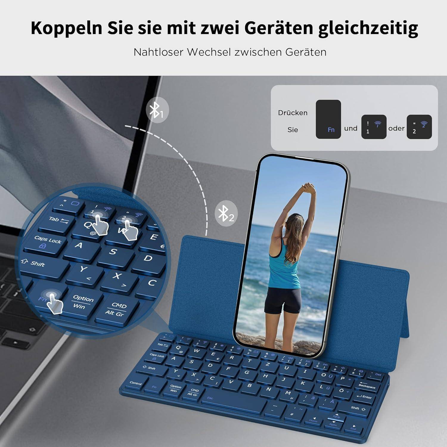 Tastatur Bluetooth Faltbar Ständer Smartphone Dunkelblau Meerblau