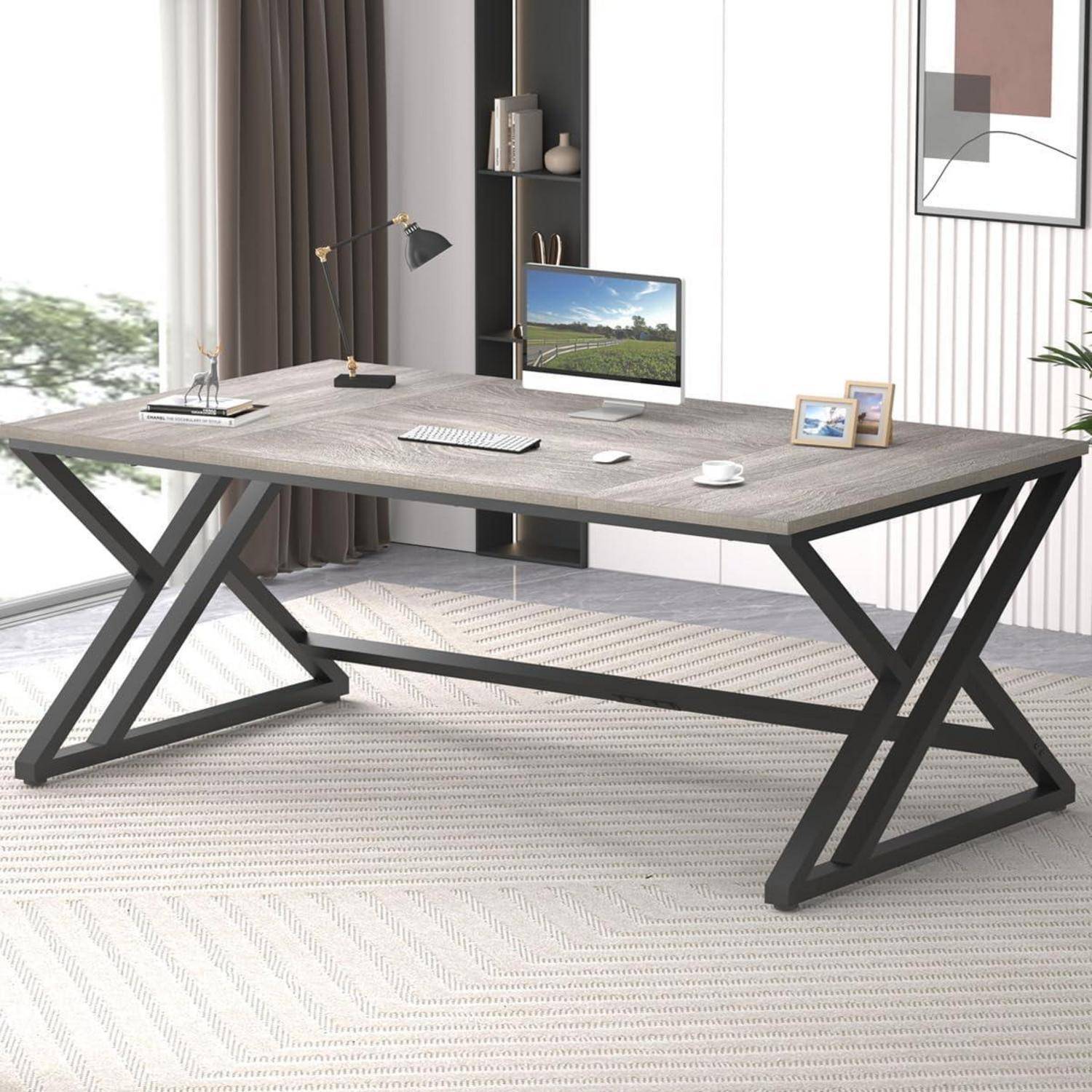 Schreibtisch Computertisch Homeoffice 180x80cm Holz Metall Grau Eiche
