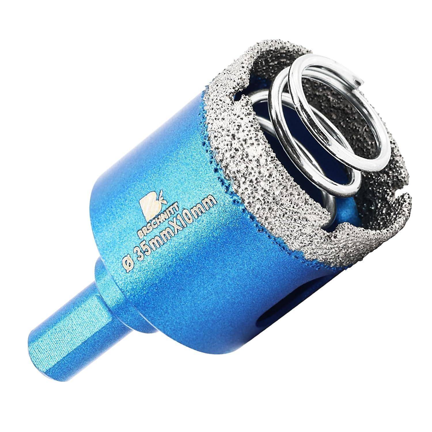 Ein blauer 33mm Diamant-Lochsägeaufsatz mit Schraubenfeder und Körnerkante, verwendet zum präzisen Bohren von Löchern in Materialien wie Fliesen oder Glas.