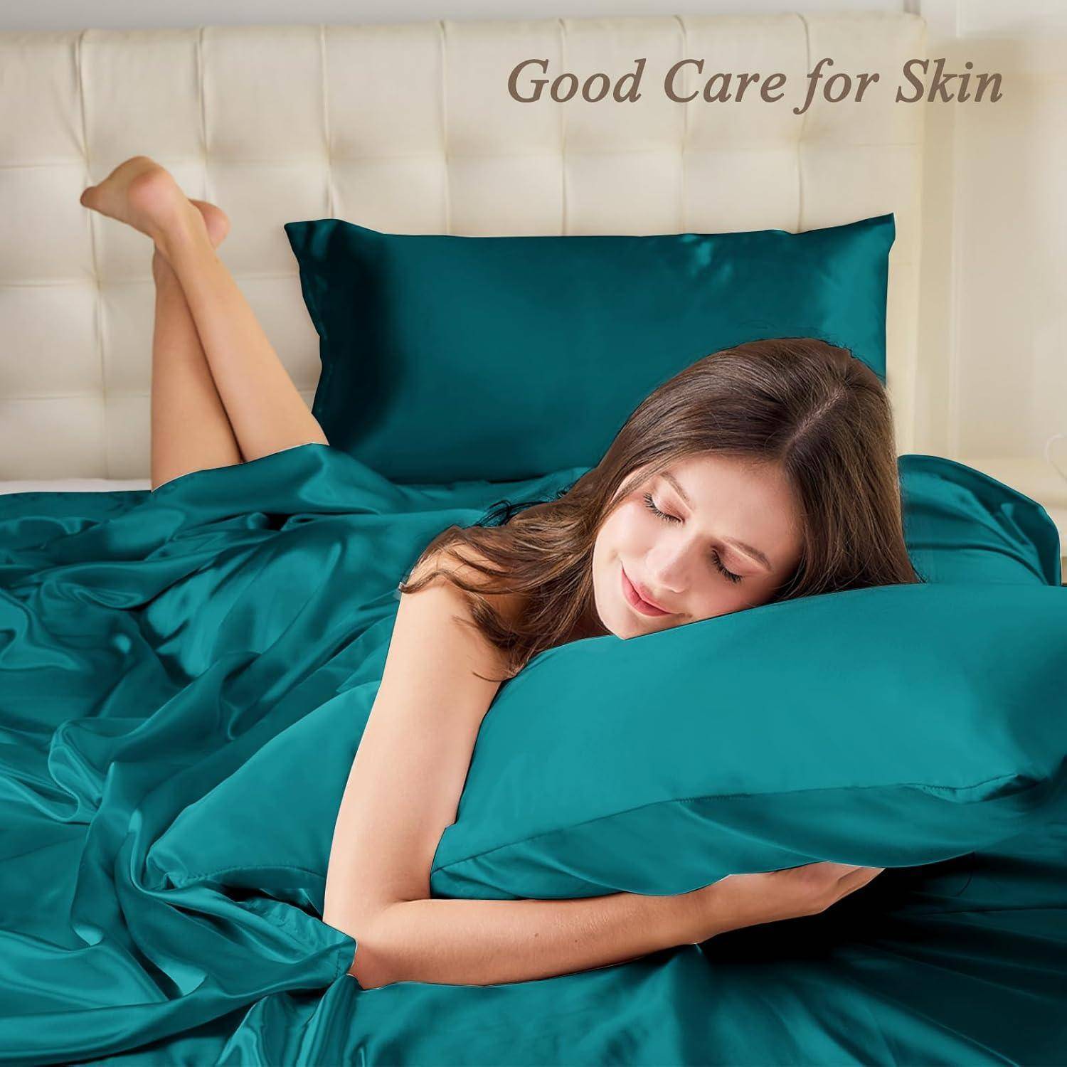 Kissenbezug Satin 50x75 50x75cm 2pc with 2 Haargummis Blaugrün 2