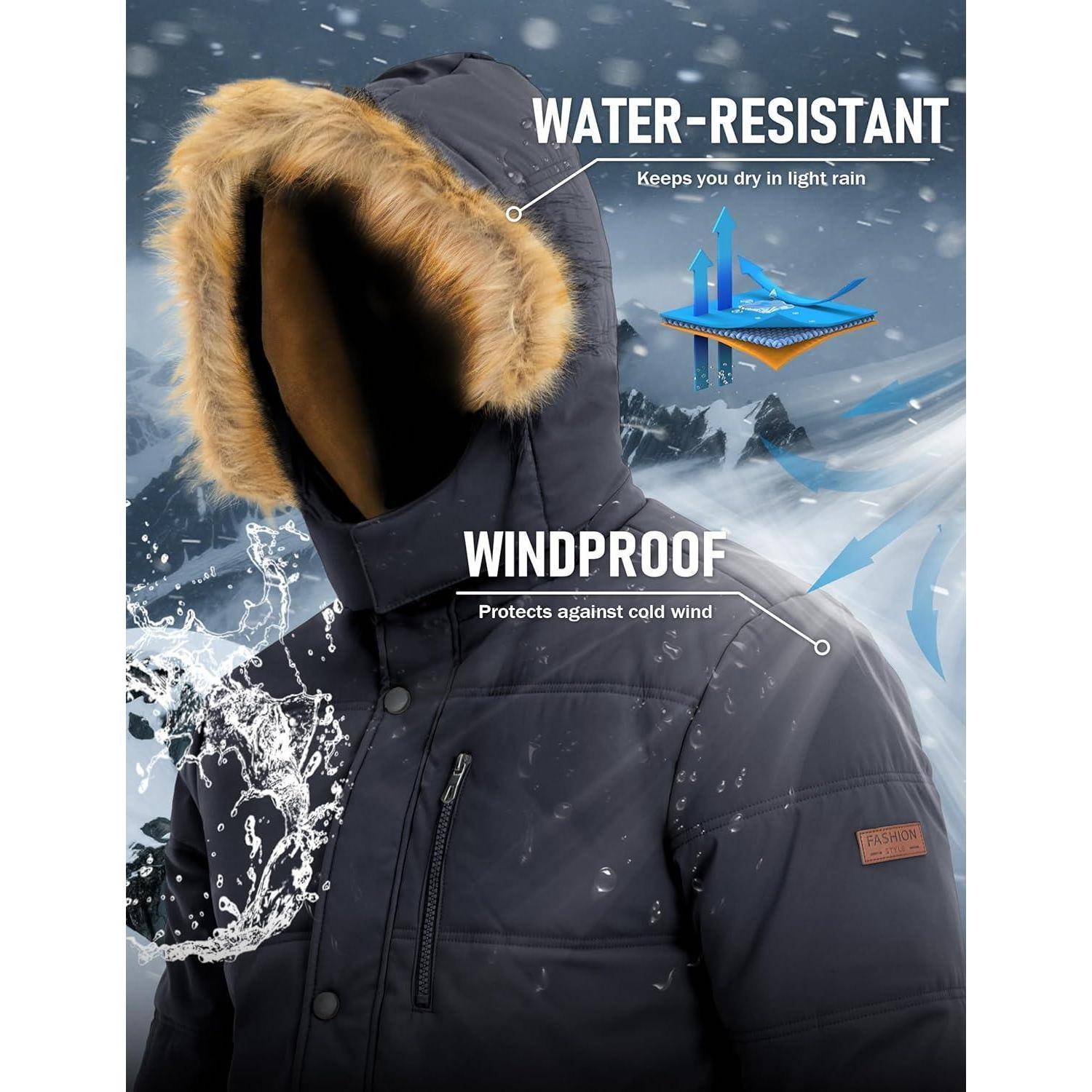 Eine warme Jacke in einer verschneiten Umgebung, gekennzeichnet als 'wasserabweisend' mit einem Tropfen-Symbol und 'winddicht' mit einem Wind-Symbol.