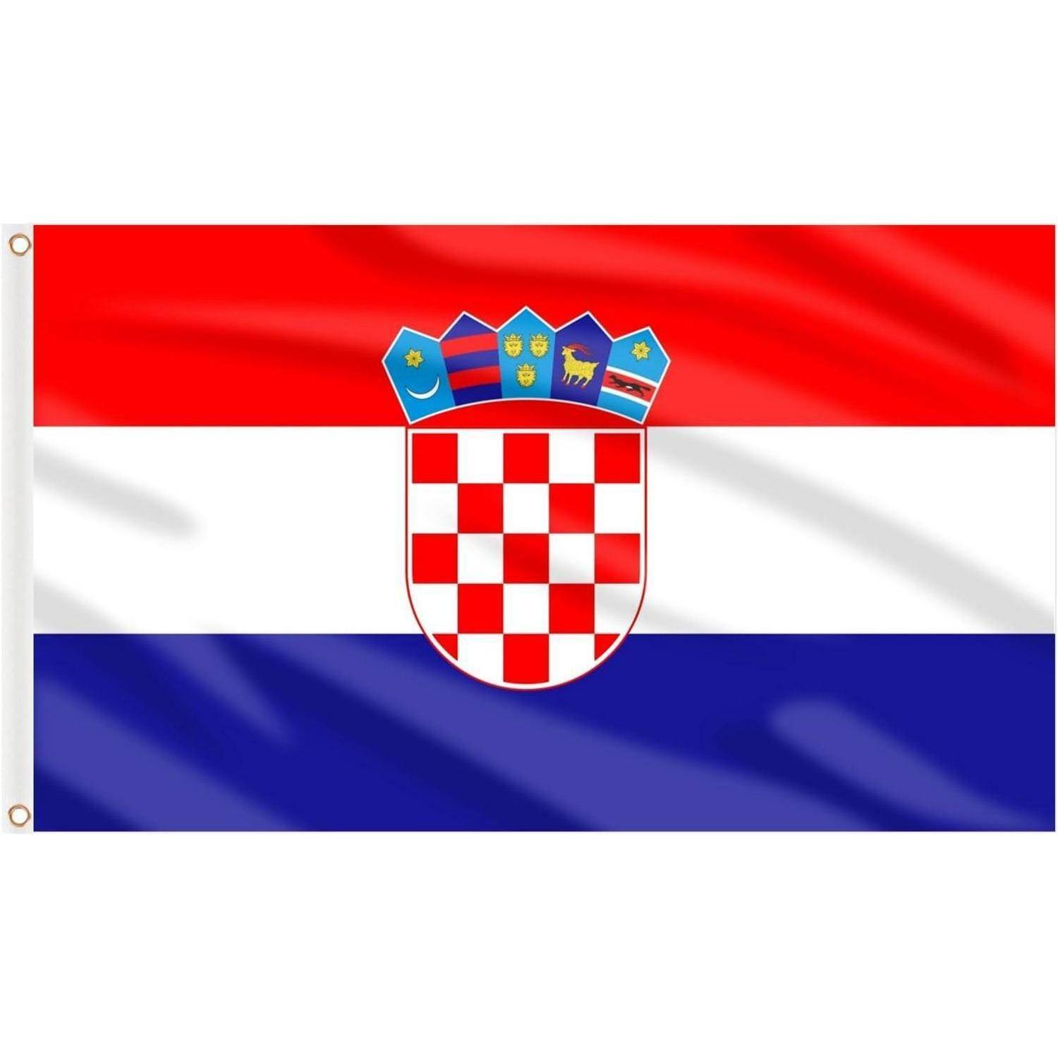 Die Flagge Kroatiens zeigt drei horizontale Streifen in Rot, Weiß und Blau mit einem geschachtelten Schild und einem Kronenemblem in der Mitte.