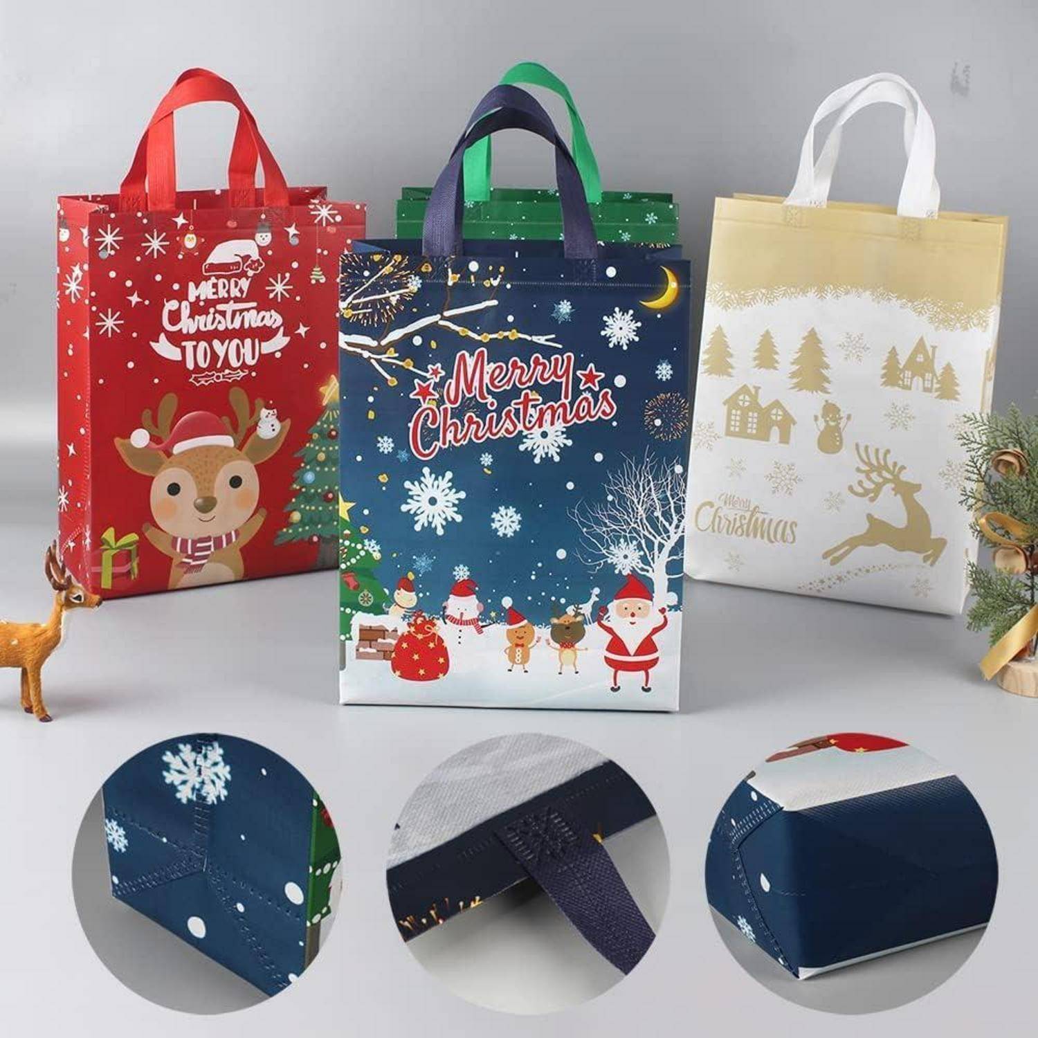 Weihnachtstragetaschen Geschenktüten Vliesstoff Griff 5er grün