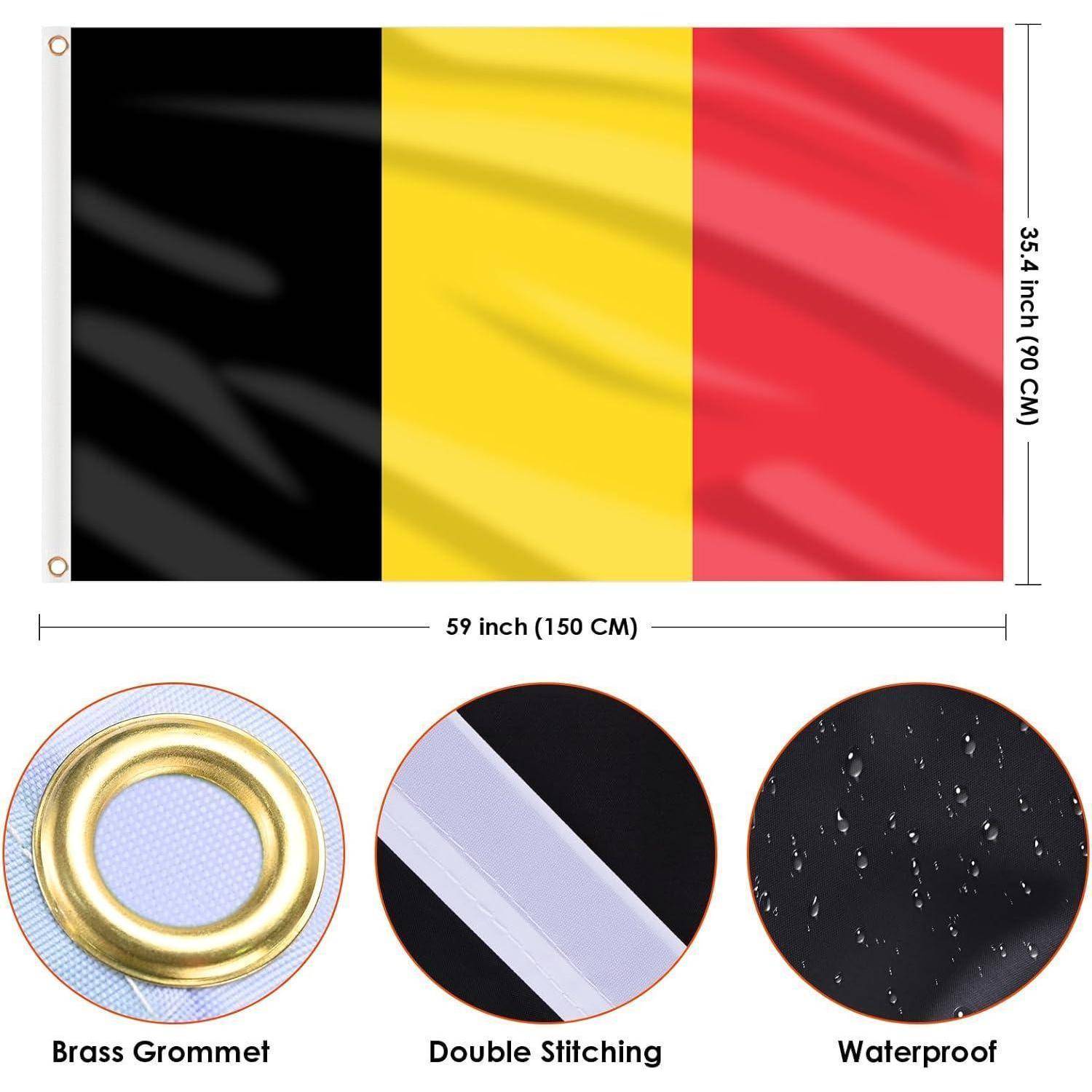 Belgische Flagge mit schwarzen, gelben und roten vertikalen Streifen, dargestellt mit Merkmalen: Messingöse, Doppelnaht und wasserdichtes Material.