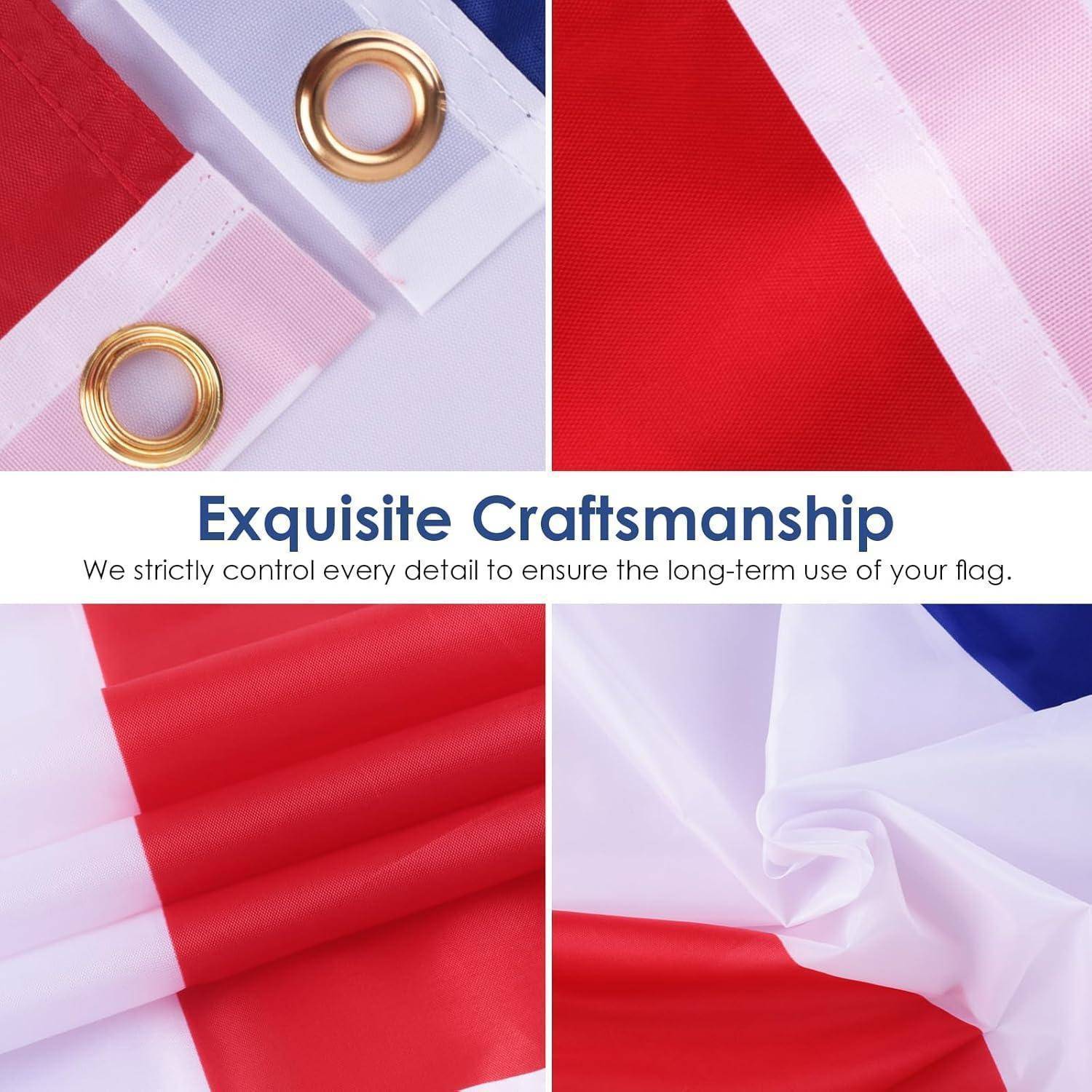 Nahaufnahme des Flaggenmaterials mit Ösen und Naht, mit dem Text: „Exquisite Handwerkskunst: Wir kontrollieren jedes Detail strikt, um die langfristige Nutzung Ihrer Flagge zu gewährleisten.