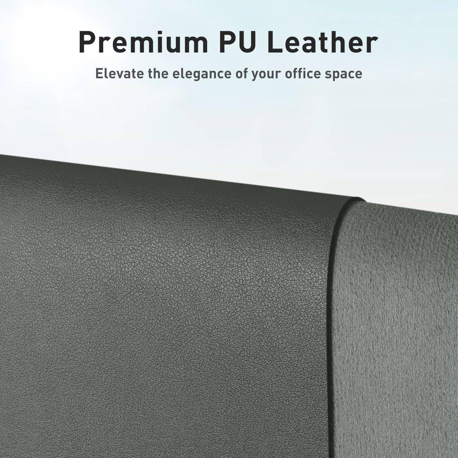 Nahaufnahme einer dunkelgrauen Oberfläche mit glatter Textur, gekennzeichnet mit 'Premium PU-Leder' und 'Erhöhen Sie die Eleganz Ihres Büroraums'.