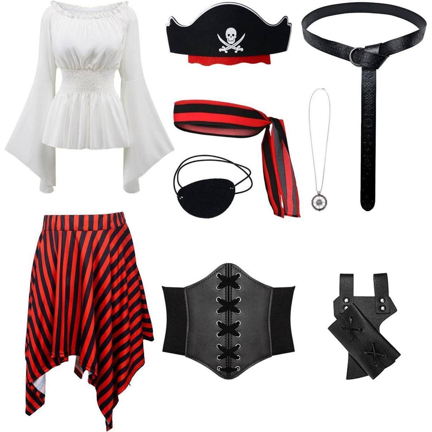 Ein Piraten-Kostüm besteht aus einer weißen Bluse, gestreiftem Rock, Augenklappe, Totenkopf-Piratenhut, roter Taillenschärpe, schwarzem Korsett, Choker und Gürtel.