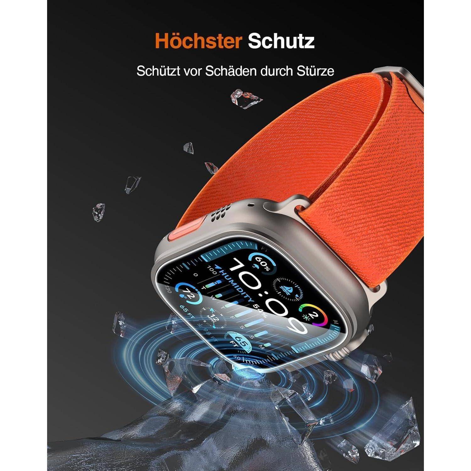 Eine Smartwatch mit orangefarbenem Band wird von zerbrechendem Glas umgeben, was ihren 'Höchster Schutz' oder höchsten Schutz gegen Stürze veranschaulicht.