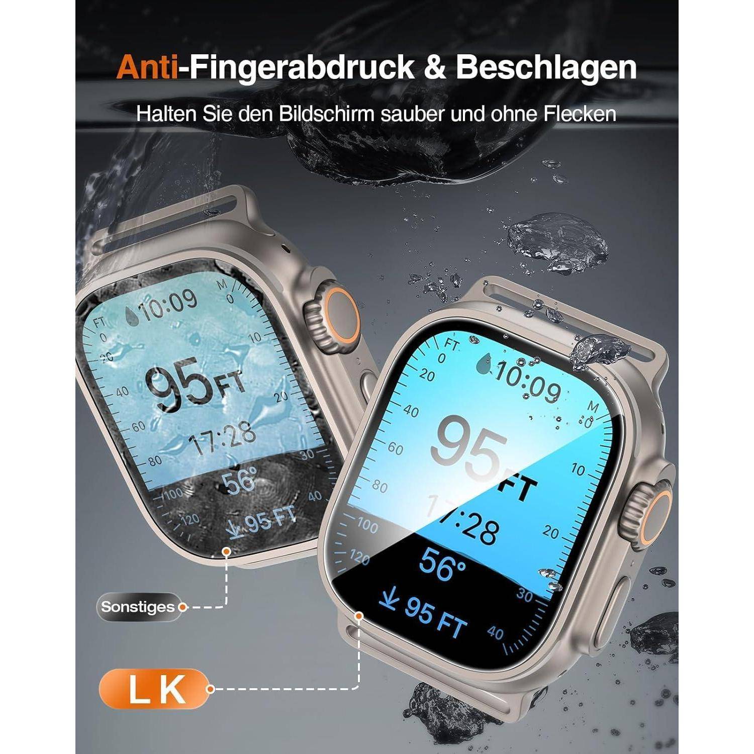 Zwei Smartwatch-Displays mit Anti-Fingerabdruck- und Anti-Beschlag-Funktionen werden gezeigt, die Tauchmetriken wie ‚95 FT' Unterwassertiefe anzeigen. Der deutsche Text betont die Sauberkeit des Bildschirms.