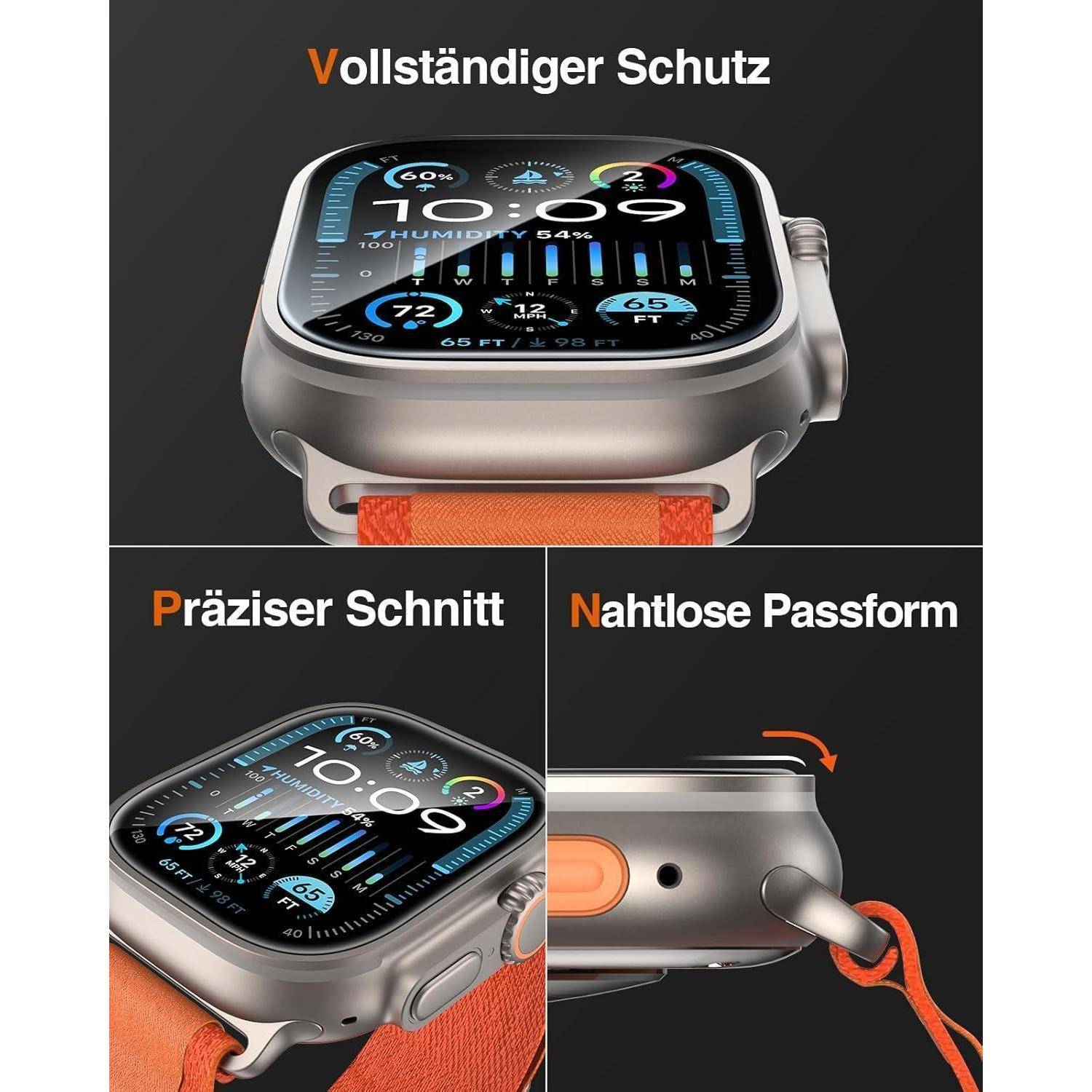 Vollständiger Schutz' Banner zeigt eine Smartwatch mit einer detaillierten Anzeige, orangefarbenem Band und hebt Merkmale hervor: 'Präziser Schnitt', 'Nahtlose Passform'.