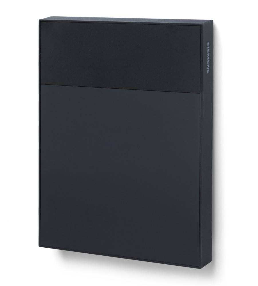 Ein schwarzes, rechteckiges Siemens-Elektrogehäuse mit schlankem, minimalistischem Design. Keine sichtbaren Bedienelemente oder Anzeigen auf der Außenseite.