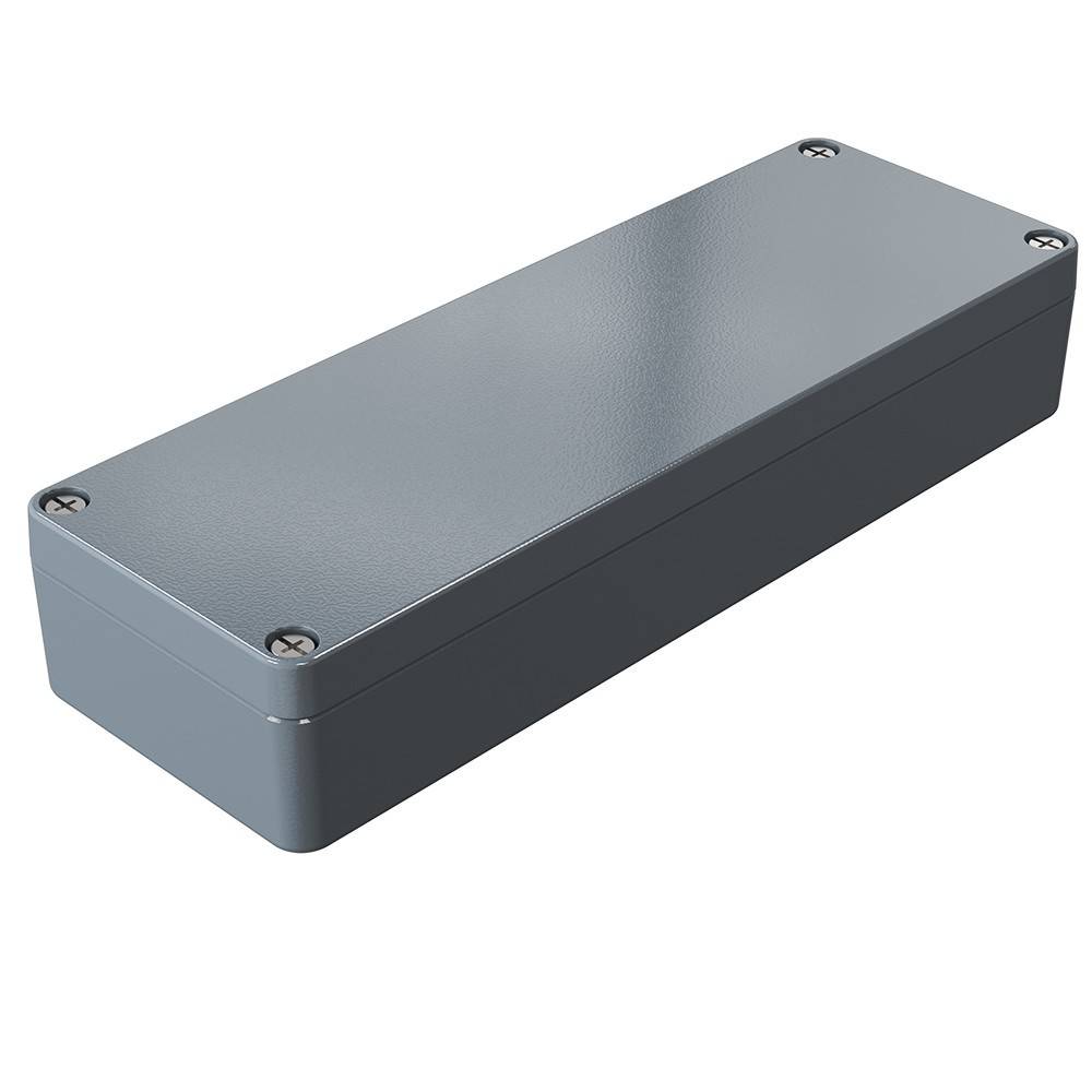 Eine rechteckige graue Metallverteilerdose mit abgerundeten Kanten und vier Schrauben an den Ecken, die üblicherweise für elektrische Verbindungen verwendet wird.