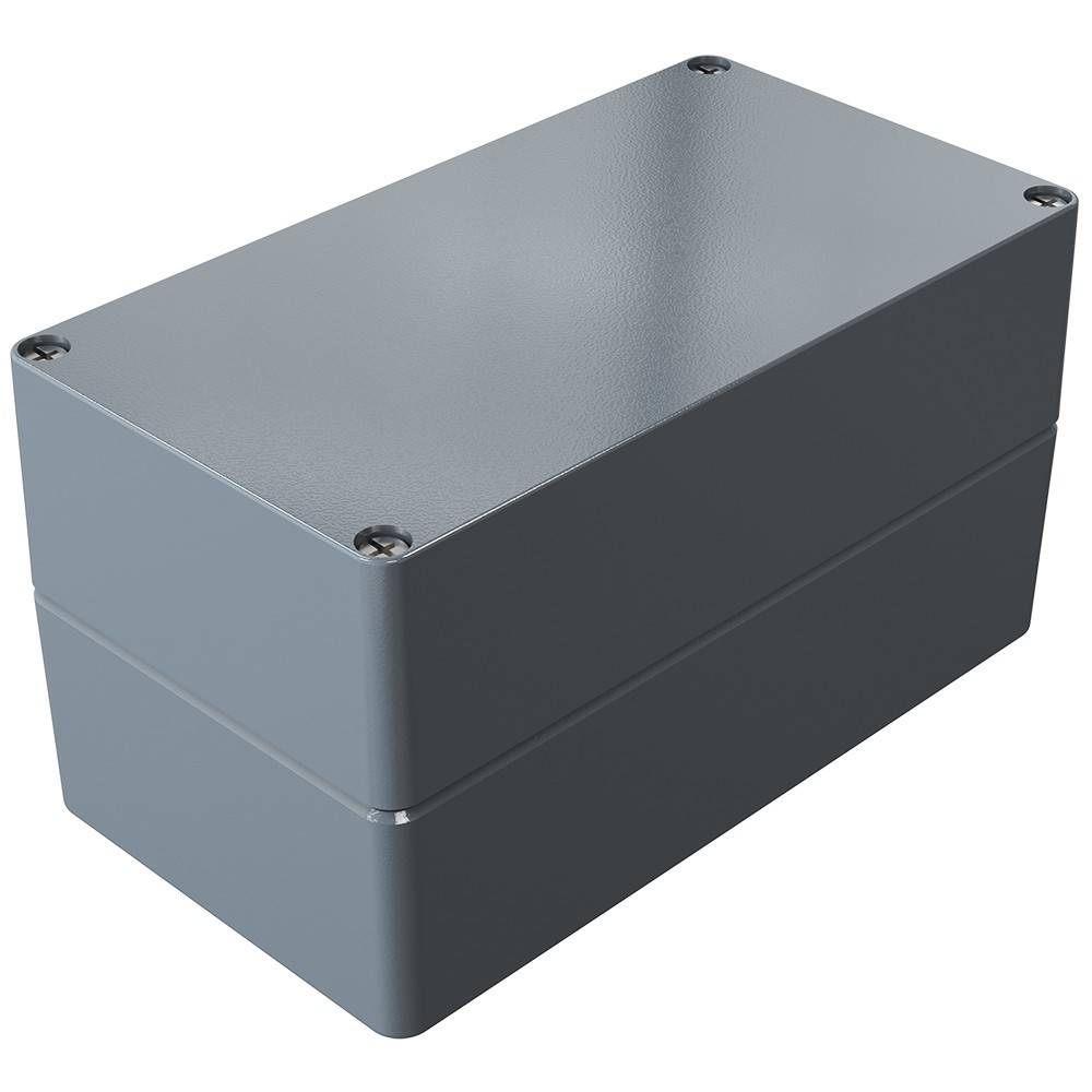 Eine graue Metallbox mit rechteckiger Form, glatter Oberfläche und vier Befestigungsschrauben in den Ecken, möglicherweise zur Unterbringung von Elektronik oder elektrischen Komponenten verwendet.