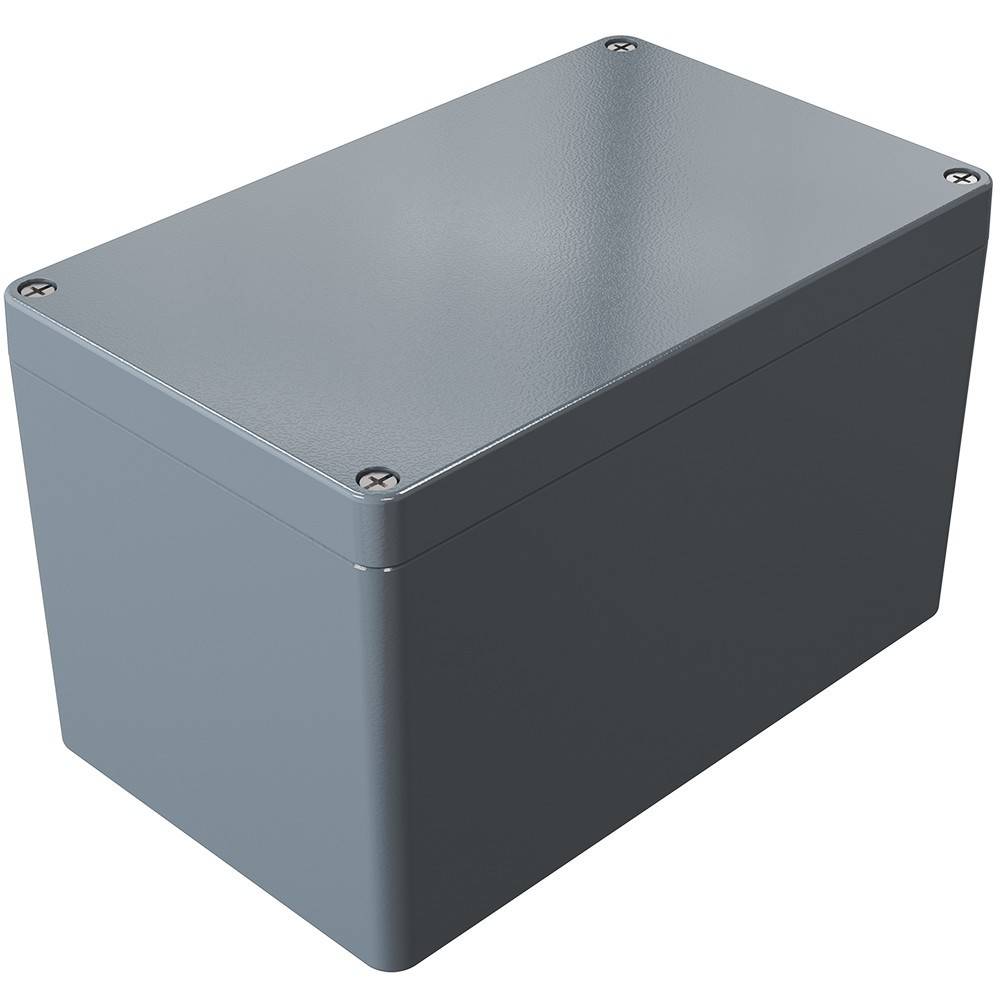 Ein rechteckiges graues Metallgehäuse mit Schrauben an jeder Ecke, das zur sicheren Unterbringung elektronischer Komponenten dient.