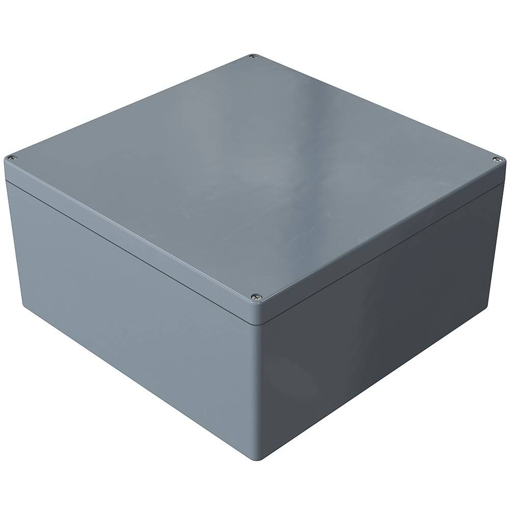 Eine graue, quadratische Metallgehäusebox mit glatter Oberfläche und abgerundeten Kanten. Sie ist geschlossen und scheint zur Unterbringung von elektrischen Komponenten verwendet zu werden.