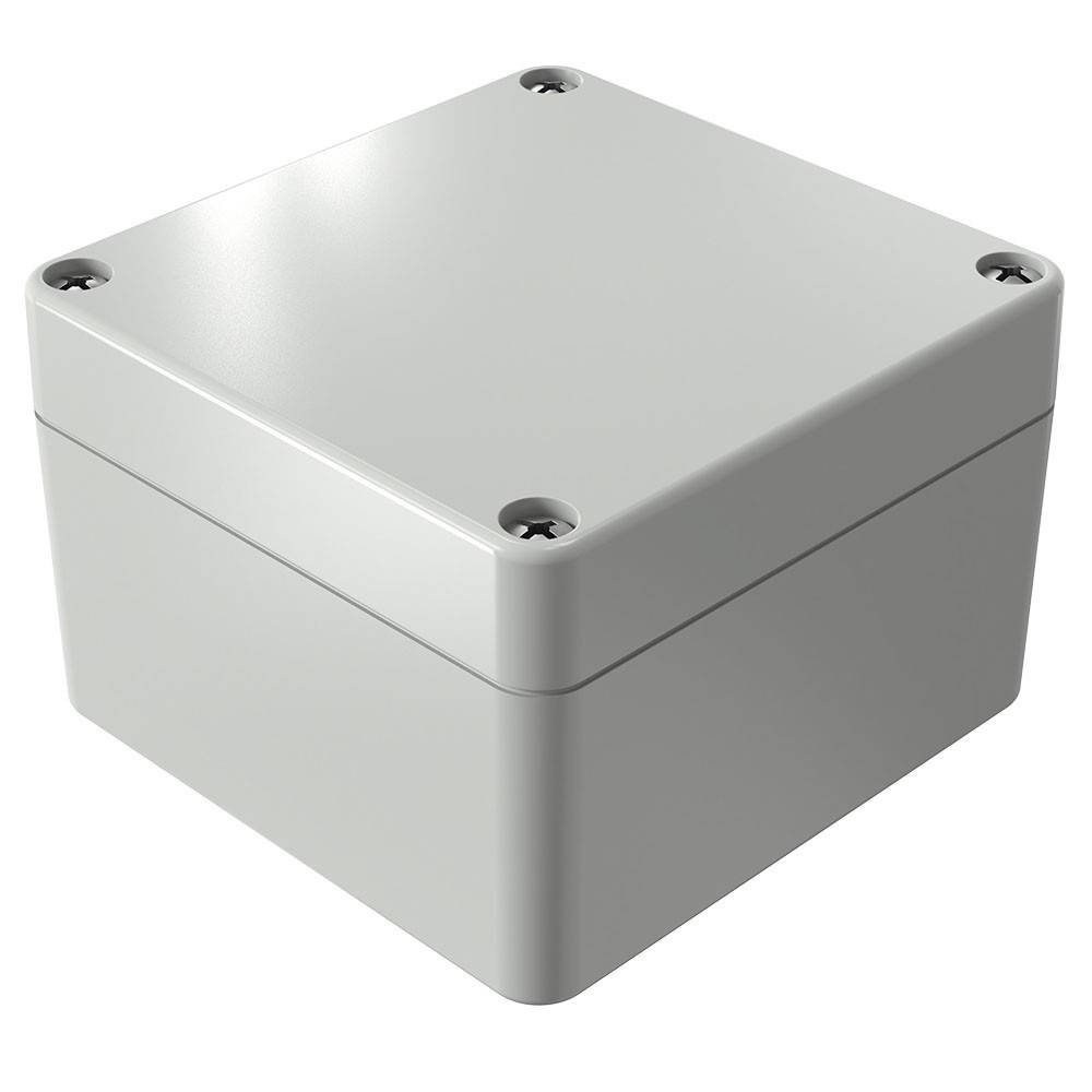 Eine weiße, quadratische elektrische Verteilerdose mit schraubgesichertem Deckel, verwendet zur Unterbringung und zum Schutz elektrischer Verbindungen.
