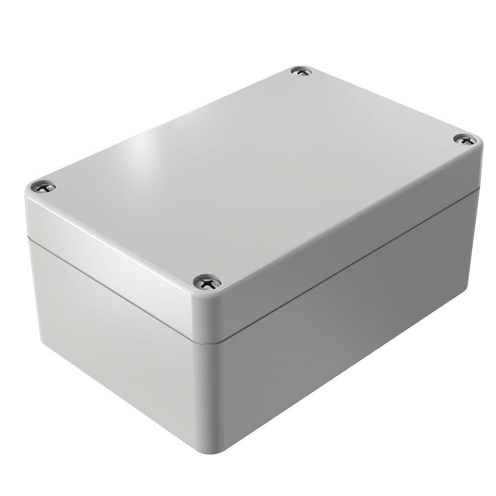 Eine rechteckige graue Kunststoffgehäusebox mit glatter Oberfläche und abgerundeten Kanten. Sie ist mit Schrauben an jeder Ecke befestigt.