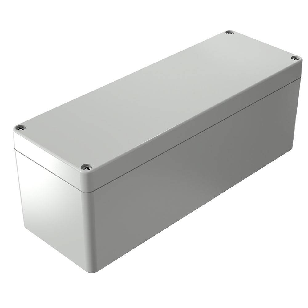 Ein rechteckiges, graues Metallgehäuse mit abgerundeten Kanten und Schrauben an jeder Ecke, typischerweise verwendet zur Unterbringung von elektrischen Komponenten.